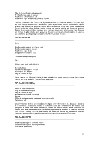 15 g de fermento para pão(pastoso)
1 1/2 colher de sopa de açúcar
1 colher de sobremesa de sal
1 colher de sopa de banha ou gordura vegetal

Dissolva o fermento em 1/2 copo de água morna com 1/2 colher de açúcar. Coloque o trigo
em uma vasilha fazendo uma cavidade no centro e derrame a mistura de fermento, banha,
açúcar e sal. Comece a sovar no centro, adicionando água morna para que a massa fique
firme e solte das mãos. Cubra e deixe crescer na própria vasilha até dobrar de volume.
Depois de crescida, divida a massa e sove mais um pouco com a farinha de trigo. Coloque
em formas de pão untadas com gordura e deixe crescer novamente até dobrar de volume.
Leve ao forno quente por aproximadamente 40 minutos(até dourar).

706 - PÃO CRISTO
________________________________________________________________

Soro

4 colheres de sopa de farinha de trigo
4 colheres de sopa de açúcar
1 colher de sopa de sal
3 copos americanos de água

Divida em três partes iguais.

Pão

Misture para cada parte do soro:

3 ovos batidos
10 colheres de sopa de açúcar
1 xícara de chá de óleo
1 kg de farinha de trigo.

Deixe crescer por 24 horas. Forme 2 pães, pincele com gema e um pouco de óleo e deixe
crescer em lugar abafado. Leve ao forno para assar.

707 - PÃO DE ABÓBORA
________________________________________________________________

1 lata de leite condensado
30 g de fermento biológico
1 kg de farinha de trigo
4 colheres de sopa de manteiga
2 ovos
500 g de abóbora cozida e passada pelo espremedor
1 pitada de sal

Dilua 1/4 da lata de leite condensado numa tigela com 1/2 xícara de chá de água e dissolva
aí o fermento. Acrescente farinha o suficiente para dar consistência de massa para
panqueca e cubra para deixar crescer ou, então, até formar bolhas. Junte o restante da
farinha e do leite condensado com os demais ingredientes e a massa já crescida. Amasse
bem, forme 2 pães e coloque para crescer até dobrar de volume em assadeiras untadas.
Leve para assar em forno quente pré-aquecido por aproximadamente 30 minutos.

708 - PÃO DE AIPIM
________________________________________________________________

2 colheres de sopa de fermento fresco
2 colheres de sopa de açúcar granulado
1 xícara de leite morno



                                                                                      229
 