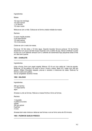 Ingredientes:

Massa

1/2 copo de manteiga
1/2 copo açúcar
1 1/2 farinha
1/2 copo nozes

Mistura-se com a mão. Coloca-se na forma untada metade da massa

Recheio

5 copos maçãs picadas
2 cls sopa farinha
1/2 copo açúcar
1/2 cl chá canela

Cobre-se com o resto da massa.

Ferve-se 1/2 litro leite e 1/2 litro água. Quando levantar fervura junta-se 1/2 Kg farinha
dissolvida num pouco de leite Cozer mexendo com a colher de pau. Deixar arrefecer e juntar
9 ovos um a um batendo sempre Com 2 colheres de sobremesa faça pequenas bolas e frite
em óleo bem quente.

1061 - CHARLOTE
________________________________________________________________

Ingredientes:

Unte a forma, forre com papel vegetal. Misture 1/2 dl rum com calda de 1 lata de ananás.
Molha-se 1/2 Kg palitos à lá reine e forra o fundo e lados. Bata 0,5 l natas com 400 grs
açúcar, 250grs chocolate raspado, pica-se o ananás e mistura-se ás natas. Deita-se na
forma e cubra com palitos.
Vai ao congelador durante 3 horas

1062 - SALOIAS
________________________________________________________________

Ingredientes:

250 grs farinha
1 cl sopa banha
água

Amasse e unte as formas. Rola-se a massa fininha e forre as formas.

Recheio

1 requeijão
2 palitos à la reine
canela
250 grs açúcar
6 gemas
2 ovos.

Amasse bem esta mistura e deita-se nas formas e vai ao forno cerca de 30 minutos.

1063 - PUDIM DE QUEIJO FRESCO
________________________________________________________________



                                                                                      362
 