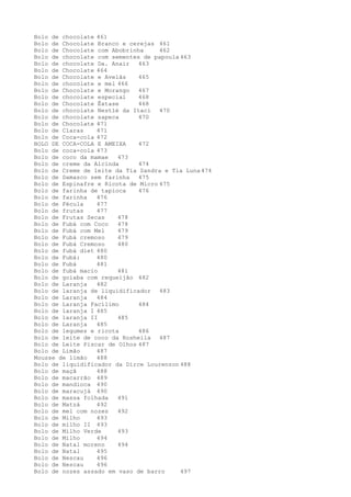 Bolo de chocolate 461
Bolo de Chocolate Branco e cerejas 461
Bolo de Chocolate com Abobrinha     462
Bolo de chocolate com sementes de papoula 463
Bolo de chocolate Da. Anair   463
Bolo de Chocolate 464
Bolo de Chocolate e Avelãs    465
Bolo de chocolate e mel 466
Bolo de Chocolate e Morango   467
Bolo de chocolate especial    468
Bolo de Chocolate Êxtase      468
Bolo de chocolate Nestlé da Itaci 470
Bolo de chocolate sapeca      470
Bolo de Chocolate 471
Bolo de Claras    471
Bolo de Coca-cola 472
BOLO DE COCA-COLA E AMEIXA    472
Bolo de coca-cola 473
Bolo de coco da mamae   473
Bolo de creme da Alcinda      474
Bolo de Creme de leite da Tia Sandra e Tia Luna 474
Bolo de Damasco sem farinha   475
Bolo de Espinafre e Ricota de Micro 475
Bolo de farinha de tapioca    476
Bolo de farinha   476
Bolo de Fécula    477
Bolo de frutas    477
Bolo de Frutas Secas    478
Bolo de Fubá com Coco   478
Bolo de Fubá com Mel    479
Bolo de Fubá cremoso    479
Bolo de Fubá Cremoso    480
Bolo de fubá diet 480
Bolo de Fubá:     480
Bolo de Fubá      481
Bolo de fubá macio      481
Bolo de goiaba com requeijão 482
Bolo de Laranja   482
Bolo de laranja de liquidificador 483
Bolo de Laranja   484
Bolo de Laranja Facílimo      484
Bolo de laranja I 485
Bolo de laranja II      485
Bolo de Laranja   485
Bolo de legumes e ricota      486
Bolo de leite de coco da Rosheila 487
Bolo de Leite Piscar de Olhos 487
Bolo de Limão     487
Mousse de limão   488
Bolo de liquidificador da Dirce Lourenzon 488
Bolo de maçã      488
Bolo de macarrão 489
Bolo de mandioca 490
Bolo de maracujá 490
Bolo de massa folhada   491
Bolo de Matzá     492
Bolo de mel com nozes   492
Bolo de Milho     493
Bolo de milho II 493
Bolo de Milho Verde     493
Bolo de Milho     494
Bolo de Natal moreno    494
Bolo de Natal     495
Bolo de Nescau    496
Bolo de Nescau    496
Bolo de nozes assado em vaso de barro     497
 
