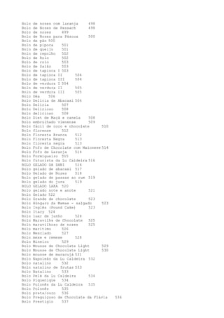 Bolo   de nozes com laranja     498
Bolo   de Nozes de Pessach      498
Bolo   de nozes     499
Bolo   de Nozes para Páscoa     500
Bolo   de pão 500
Bolo   de pipoca    501
Bolo   de queijo    501
Bolo   de repolho   502
Bolo   de Rolo      502
Bolo   de rolo      503
Bolo   de Salão     503
Bolo   de tapioca I 503
Bolo   de tapioca II      504
Bolo   de tapioca III     504
Bolo   de verdura I 504
Bolo   de verdura II      505
Bolo   de verdura III     505
Bolo   Déa    506
Bolo   Delícia de Abacaxi 506
Bolo   Delícia      507
Bolo   Delicioso    508
Bolo   delicioso    508
Bolo   Diet de Maçã e canela    508
Bolo   embrulhado vienense      509
Bolo   fácil de coco e chocolate      510
Bolo   florense     512
Bolo   Floresta Branca    512
Bolo   Floresta Negra     513
Bolo   floresta negra     513
Bolo   Fofo de Chocolate com Maionese 514
Bolo   Fofo de Laranja    514
Bolo   Formigueiro 515
Bolo   futurista da Lu Caldeira 516
BOLO   GELADO DA DANI     516
Bolo   gelado de abacaxi 517
Bolo   Gelado de Nozes    518
Bolo   gelado de passas ao rum 519
Bolo   gelado do jura     519
BOLO   GELADO LAKA 520
Bolo   gelado note e anote      521
Bolo   Gelado 522
Bolo   Grande de chocolate      523
Bolo   Húngaro da Mamae - salgado     523
Bolo   Inglês (Pound Cake)      523
Bolo   Itacy 524
Bolo   luar de junho      524
Bolo   Maravilha de Chocolate   525
Bolo   maravilhoso de nozes     525
Bolo   marítimo     526
Bolo   Mesclado     527
Bolo   mexe e remexe      528
Bolo   Mineiro      529
Bolo   Mousse de Chocolate Light      529
Bolo   Mousse de Chocolate Light      530
Bolo   mousse de maracujá 531
Bolo   Napoleão da Lu Caldeira 532
Bolo   natalino     532
Bolo   natalino de frutas 533
Bolo   Natalino     533
Bolo   Pelé da Lu Caldeira      534
Bolo   Piquenique   534
Bolo   Polonês da Lu Caldeira   535
Bolo   Polonês      535
Bolo   prata/ouro   536
Bolo   Preguiçoso de Chocolate da Flávia    536
Bolo   Prestígio    537
 