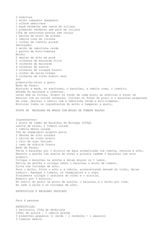 3 endívias
1 molho rabanete (pequeno)
1 alface americana
1 maçã vermelha sem casca em juliana
1 pimentão vermelho sem pele em juliana
100g de azeitonas pretas sem caroço
1 pacote de broto de alfafa
1 cebola roxa em juliana
1 colher de coentro picado
Decoração:
1 molho de cebolinha verde
1 pacote de mini-tomates
Molho:
2 dentes de alho em purê
2 colheres de mostarda Dijon
4 colheres de maionese
4 colheres de azeite
3 colheres de vinagre branco
1 colher de salsa crespa
5 colheres de vinho branco seco
sal
pimenta-do-reino a gosto
Modo de Fazer:
Misturar a maçã, as azeitonas, o bacalhau, a cebola roxa, o coentro,
metade da maionese e reservar.
Lavar bem as folhas, dispor no fundo de cada prato as endívias e fazer um
mesclun com as outras verduras. Colocar no fundo do prato e o bacalhau preparado
em cima. Decorar o centro com a cebolinha verde e mini-tomates.
Misturar todos os ingredientes do molho e temperar a gosto.

POSTA DE   BACALHAU NA BRASA COM MOLHO DE TOMATE RALADO


Ingredientes:
1 posta de lombo de Bacalhau da Noruega (250g)
azeite de ervas, 1 tomate ralado
1 cebola média ralada
50g de champignon gigante paris
2 dentes de alho socados
1 cálice de vinho branco
1 talo de aipo fatiado
1 ramo de alecrim fresco
Modo de Fazer:
Ferva o bacalhau por 3 minutos em água aromatizada com cebola, cenoura e alho.
Besunte a grelha com azeite de ervas e pincele também o bacalhau com este
preparo.
Coloque o bacalhau na grelha e deixe dourar os 2 lados.
Retire da grelha e coloque sobre o bacalhau o molho de tomate.
Sirva com torradas de alho.
Para o molho, frite o alho e a cebola, acrescentando metade do vinho, deixe
reduzir. Agregue o tomate, os champignons e o aipo.
Finalmente coloque o restante do vinho e o alecrim.
Reduzir por 3 minutos.
No centro do prato um pouco de azeite, o bacalhau e o molho por cima.
Ao lado a salsa e as torradas de alho.

RATATOUILLE E BACALHAU DESFIADO


Para 6 pessoas

RATATOUILLE:
1 berinjela, 250g de abobrinha
100ml de azeite , 1 cebola grande
3 pimentões pequenos (1 verde - 1 vermelho - 1 amarelo)
3 tomates médios
 