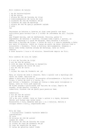 Bolo cremoso de batata

1 kg de batata-inglesa
1 kg de açúcar
1 xícara de chá de farinha de trigo
2 vidros(pequenos) de leite de coco
2 colheres de chá de fermento em pó
2 colheres de sopa de manteiga
1 xícara de chá de queijo parmesão ralado
6 ovos
Sal

Descasque as batatas e leve-as ao fogo numa panela com água
suficiente para encobrí-las e 1 colher de sobremesa de sal. Cozinhe
até
que fiquem macias, sem se desfazerem. Escorra, passe no
espremedor de batatas e reserve. Coloque numa tigela o açúcar, as
gemas, a manteiga e o purê de batatas. Bata durante 5 minutos.
Adicione a farinha de trigo, o leite de coco e o queijo parmesão e bata
por mais 10 minutos. Junte as claras em ponto de neve, misture tudo e
acrescente o fermento. Torne a misturar delicadamente. Despeje a
massa numa forma redonda untada de manteiga. Leve ao forno
regular
e asse durante 1 hora e 40 minutos. Desenforme depois de frio.


Bolo cremoso de coco do Cyber

4   ½ xíc de farinha de trigo
4   xíc de chá de açúcar
4   colh de sopa de manteiga ou margarina
1   vidro pequeno de leite de coco
1   xíc de chá de leite
6   ovos
1   colher de sopa de fermento em pó

Bata as claras em neve e reserve. Bata o açúcar com a manteiga até
obter um creme. Adicione as
gemas e bata mais um pouco. Acrescente alternadamente a farinha de
trigo, o leite de coco e o leite. E,
por último o fermento. Coloque as claras e mexa para incorporar à
massa. Leve ao forno pré aquecido
em forma untada e polvilhada com farinha de trigo. Depois de
assado, ainda quente, coloque a
cobertura, furando com um garfo para penetrar bem.

Cobertura:
2 xíc de chá de açúcar
1 xíc de chá de água
100 g de coco ralado. Leve ao fogo o açúcar e a água, deixando
ferver até formar uma calda rala.
Acrescente o coco, mexendo bem por 1 ou 2 minutos. Retire e
coloque sobre o bolo,, espalhando bem.



Bolo da copa
 - Culinarista: Isamara Carnelóz Amâncio
ingredientes:
08 ovos
04 xícaras de chá de açúcar
raspas de limão
04 xícaras de chá de farinha de trigo
01 colher de sopa de fermento em pó
01 copo de requeijão de água
01 caixa de gelatina sabor limão
 