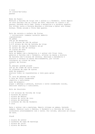 3 ovos
10 cravos-da-índia
passas


Modo de Fazer:
Misture a farinha de trigo com o açúcar e o fermento. Junte depois
os ovos batidos com as claras em neve. Adicione os cravos e as
passas, batendo muito bem. Ponha a margarina e a gordura vegetal.
Por último junte a Cerveja Munchen e continue a bater até formar
bolhas. Fôrma untada e forno bem quente.


Bolo de cerveja e recheio de frutas
 - culinarista: isamara carnelóz amâncio
ingredientes:
06 gemas
250 gr de margarina
2.1/2 xícaras de chá de açúcar
2.1/2 xícara de chá de farinha de trigo
01 colher de sopa de fermento em pó
01 xícara de chá de cerveja
06 claras em neve
modo de preparo:
bata as gemas com a margarina e o açúcar até ficar leve.
peneire a farinha com o fermento. alterne na massa a mistura
de farinha com ½ xícara de cerveja. desligue a batedeira e
misture a cerveja na massa delicadamente, por último
incorpore as claras em neve.
recheio de frutas:
1º
01 abacaxi grande picado
250 gr de creme de leite fresco
02 colheres de sopa de açúcar
modo de preparo:
misture todos os ingredientes e leve para gelar
2º
01 lata de pêssego em calda
½ lata de leite condensado
chantily o suficiente
modo de preparo:
pique o pêssego e peneire, misture o leite condensado cozido,
adicione chantily o suficiente.

Bolo de chocolate

2   1/2 xícaras de farinha de trigo
2   xícaras de açúcar
1   xícara de Nescau
1   xícara de leite de coco
1   xícara de manteiga
2   colheres de chá de fermento
4   ovos

Bata o açúcar com a manteiga, depois coloque as gemas, batendo
sempre. Peneire junto o Nescau, o fermento e a farinha de trigo e
acrescente alternadamente com o leite. Por último, adicione as claras
em neve.

Glacê

1   xícara de açúcar
2   colheres de sopa de manteiga
1   xícara de leite
1   xícara de Nescau
 
