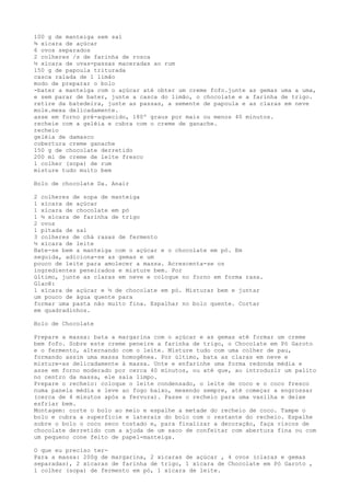 100 g de manteiga sem sal
¾ xícara de açúcar
6 ovos separados
2 colheres /s de farinha de rosca
½ xícara de uvas-passas maceradas ao rum
150 g de papoula triturada
casca ralada de 1 limão
modo de preparar o bolo
-bater a manteiga com o açúcar até obter um creme fofo.junte as gemas uma a uma,
e sem parar de bater, junte a casca do limão, o chocolate e a farinha de trigo.
retire da batedeira, junte as passas, a semente de papoula e as claras em neve
mole.mexa delicadamente.
asse em forno pré-aquecido, 180º graus por mais ou menos 40 minutos.
recheie com a geléia e cubra com o creme de ganache.
recheio
geléia de damasco
cobertura creme ganache
150 g de chocolate derretido
200 ml de creme de leite fresco
1 colher (sopa) de rum
misture tudo muito bem

Bolo de chocolate Da. Anair

2 colheres de sopa de manteiga
1 xícara de açúcar
1 xícara de chocolate em pó
1 ½ xícara de farinha de trigo
2 ovos
1 pitada de sal
3 colheres de chá rasas de fermento
½ xícara de leite
Bate-se bem a manteiga com o açúcar e o chocolate em pó. Em
seguida, adiciona-se as gemas e um
pouco de leite para amolecer a massa. Acrescenta-se os
ingredientes peneirados e misture bem. Por
último, junte as claras em neve e coloque no forno em forma rasa.
Glacê:
1 xícara de açúcar e ½ de chocolate em pó. Misturar bem e juntar
um pouco de água quente para
formar uma pasta não muito fina. Espalhar no bolo quente. Cortar
em quadradinhos.

Bolo de Chocolate

Prepare a massa: bata a margarina com o açúcar e as gemas até formar um creme
bem fofo. Sobre este creme peneire a farinha de trigo, o Chocolate em Pó Garoto
e o fermento, alternando com o leite. Misture tudo com uma colher de pau,
formando assim uma massa homogênea. Por último, bata as claras em neve e
misture-as delicadamente à massa. Unte e enfarinhe uma forma redonda média e
asse em forno moderado por cerca 40 minutos, ou até que, ao introduzir um palito
no centro da massa, ele saia limpo.
Prepare o recheio: coloque o leite condensado, o leite de coco e o coco fresco
numa panela média e leve ao fogo baixo, mexendo sempre, até começar a engrossar
(cerca de 4 minutos após a fervura). Passe o recheio para uma vasilha e deixe
esfriar bem.
Montagem: corte o bolo ao meio e espalhe a metade do recheio de coco. Tampe o
bolo e cubra a superfície e laterais do bolo com o restante do recheio. Espalhe
sobre o bolo o coco seco tostado e, para finalizar a decoração, faça riscos de
chocolate derretido com a ajuda de um saco de confeitar com abertura fina ou com
um pequeno cone feito de papel-manteiga.

O que eu preciso ter-
Para a massa: 200g de margarina, 2 xícaras de açúcar , 4 ovos (claras e gemas
separadas), 2 xícaras de farinha de trigo, 1 xícara de Chocolate em Pó Garoto ,
1 colher (sopa) de fermento em pó, 1 xícara de leite.
 