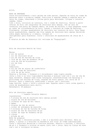 picos.

MODO DE PREPARAR
Corte horizontalmente o bolo gelado em três partes. Espalhe um terço do creme de
manteiga sobre a primeira camada. Posicione a segunda camada e espalhe mais um
terço do creme, reservando a última parte para decoração. Coloque a terceira
camada. Cubra
todo o bolo, inclusive as laterais, com o creme de chantilly. Decore a parte
central do bolo com lasquinhas de chocolate meio amargo. Use um saco de
confeitar com ponta de tamanho médio, em forma de estrela, e faça pequenas rosas
ao redor da circunferência do bolo, usando o restante do creme de manteiga.
Finalmente, coloque quadradinhos de chocolate nas laterais do bolo. Para fazer
estes quadradinhos, espalhe uma fina camada de chocolate meio amargo derretido
sobre papel manteiga e, a seguir, coloque no
refrigerador para endurecer. Corte o chocolate em quadradinhos de cerca de 3
cm².
A receita do mês de fevereiro foi retirada do "Sugarplums".




Bolo de chocolate Nestlé da Itaci

Massa:
2 xíc de açúcar
1 xíc de chocolate em pó
3 xíc de chá de farinha de trigo
1 colh de sp rasa de fermento em pó
1 colh de chá de bicarbonato
1 xíc de óleo
2 ovos
Cobertura:
½ xíc de chá de açúcar de confeiteiro
2 colh de sopa de chocolate
1 colh de sp de leite
Peneire a farinha, o fermento e o bicarbonato numa tigela grande.
Junte o óleo e os ovos ligeiramente batidos e misture tudo com 2 xíc de chá de
água fervente. Despeje numa forma retangular (22x33cm)untada com manteiga e
polvilhada com farinha de trigo, assando em forno quente. Por cerca de 25
minutos. Faça a cobertura, peneirando o açúcar com o chocolate
numa vasilha. Junte o leite e misture bem. Espalhe sobre o bolo ainda quente e
corte em quadradinhos para servir.
Rendimento: 28 pedaços.


Bolo de chocolate sapeca
             - Isamara Carnelóz Amâncio
Ingredientes
1 ½ xícara de chá de chocolate meio amargo picado
1 xícara de chá de maionese
2 colheres de sopa de mel (karo)
6 gemas
2 xícaras de chá de açúcar
1 colher de sobremesa de baunilha
3 ½ xícaras de chá de farinha de trigo
½ xícara de chá de chocolate em pó
1 colher de sopa de fermento em pó
6 claras
1 pitada de sal
Modo de preparar
Leve ao fogo o chocolate picado, o mel e a maionese para derreter. Bata as
gemas, o açúcar e a baunilha na batedeira até virar um creme esbranquiçado.
Junte o chocolate derretido e continue batendo. Peneire a farinha, o chocolate
em pó e o fermento e alterne na massa junto com o leite. Bata as claras em neve
com o sal e incorpore na massa.
 