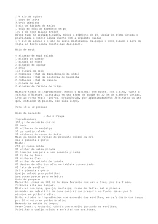 1 ½ xíc de açúcar
1 copo de leite
3 ovos inteiros
3 xíc de farinha de trigo
1 colh de sopa de fermento em pó
100 g de coco ralado fresco
Bater tudo no liquidificados, menos o fermento em pó. Assar em forma untada e
polvilhada e cobrir ainda quente com a seguinte calda:
1 ½ xíc de açúcar e 1 xíc de leite misturados. Salpique o coco ralado e leve de
volta ao forno ainda quente.mas desligado.

Bolo de maçã

4 xícaras de maçã ralada
1 xícara de passas
1 xícara de nozes
2 xícaras de açúcar
2 ovos
1/2 xícara de óleo
2 colheres (chá) de bicarbonato de sódio
2 colheres (chá) de essência de baunilha
2 colheres (chá) de canela
1 pitada de sal
2 xícaras de farinha de trigo

Misture todos os ingredientes (menos a farinha) sem bater. Por último, junte a
farinha e misture. Distribua em uma fôrma de pudim de 22 cm de diâmetro untada.
Leve ao forno médio (180ºC), preaquecido, por aproximadamente 35 minutos ou até
que, enfiando um palito, ele saia limpo.

Para 10 a 12 pessoas

Bolo de macarrão
                  - Janir Fraga
Ingredientes:
300 gr de macarrão cozido
02 ovos
02 colheres de manteiga
50 gr queijo ralado
05 colheres de creme de leite
Mais ou menos 10 fatias de presunto cozido ou crú
Sal e pimenta á gosto
Molho:
250 gr carne moída
01 colher de salsa picada
03 tomates sem pele e sem semente picados
01 folha de louro
02 colheres óleo
01 colher de extrato de tomate
02 dentes de alho (ou alho em tablete concentrado)
01 lata de ervilha
Sal e pimenta a gosto
Queijo ralado para polvilhar
Azeitonas pretas para enfeitar
Modo de preparar
Macarrão: cozer em 600 ml de água fervente com sal e óleo, por 6 a 8 min.
Potência alta sem tampar.
Misturar com ovos, queijo, manteiga, creme de leite, sal e pimenta.
Acomodar em refratário de cone central com presunto no fundo. Assar por 9
minutos em potência alta.
Molho - todos os ingredientes com excessão das ervilhas, em refratário com tampa
por 10 minutos em potência alta.
Mexendo na metade do tempo.
Desenformar o macarrão, cobrir com o molho juntando as ervilhas.
Polvilhar o queijo ralado e enfeitar com azeitonas.
 