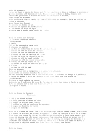 modo de preparo:
levar ao fogo o creme de leite até ferver. desligue o fogo e coloque o chocolate
picado mexendo até dissolver bem. deixe esfriar cobrir o bolo, decore com
chocolate granulado e flores de chocolate coloridas e folhas.
como fazer as flores:
usar chocolate branco dando cor com corante rosa ou amarelo. faça as flores na
forma e decore.
para fazer sem forma:
01 xícara de leite em pó
½ xícara de açúcar de confeiteiro
02 colheres de sopa de água
misture bem e abrir para fazer as flores



Bolo de nozes com laranja
 - Isamara Carnelóz Amâncio
Ingredientes
6 gemas
300 g. De margarina para bolo
2 xícaras de açúcar
1 colher de sobremesa de casca de laranja ralada
1 xícara de chá de suco de laranja
1 xícara de chá de farinha de rosca
2 xícaras de chá de farinha de trigo
1 colher de sopa de fermento em pó
1 xícara de chá de maçã ralada
2 xícaras de chá de nozes triturados
½ xícara de chá de nozes em pó
3 colheres de sopa de farinha de trigo
6 claras
1 colher de chá de sal
Modo de preparo
Bata as gemas com a margarina e o açúcar até clarear.
Acrescente as cascas raladas da laranja.
Em uma vasilha misture com a farinha de rosca, a farinha de trigo e o fermento.
Alterne na massa o suco de laranja e a mistura seca até que acabe os
ingredientes.
Misture a maçã ralada na massa.
Adicione as 3 colheres de sopa de farinha de trigo nas nozes e junte a massa.
Bata as claras com o sal até ficar em neve e
Incorpore a massa



Bolo de Nozes de Pessach
                  Cybercook

-   250 g de nozes moídas
-   8 ovos grandes (claras em neve)
-   4 copos de açúcar (mal cheios)
-   1 colher de chá de essência de amêndoas
-   2 copos de farinha de matzá
-   raspas de laranja

Bata as 8 claras em neve. Use 2 colheres de sopa cheias dessa clara, misturando
a 2 copos de açúcar, as nozes, a essência, 1 copo de farinha e suco de ½ limão.
Fica como uma massa de torta. Estenda em uma assadeira e leve para assar, até
secar um pouco, mas não assar totalmente. Rapidamente, bater as gemas com 2
copos de açúcar, juntar um copo de farinha de matzá, as raspas de laranja e o
restante das claras em neve. Cobre-se com geléia a massa que está no forno e
despeja-se a Segunda massa por cima. Volta ao forno, até secar.


Bolo de nozes
 