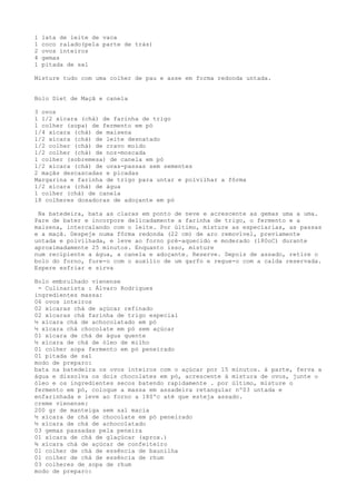 1   lata de leite de vaca
1   coco ralado(pela parte de trás)
2   ovos inteiros
4   gemas
1   pitada de sal

Misture tudo com uma colher de pau e asse em forma redonda untada.


Bolo Diet de Maçã e canela

3 ovos
1 1/2 xícara (chá) de farinha de trigo
1 colher (sopa) de fermento em pó
1/4 xícara (chá) de maisena
1/2 xícara (chá) de leite desnatado
1/2 colher (chá) de cravo moído
1/2 colher (chá) de noz-moscada
1 colher (sobremesa) de canela em pó
1/2 xícara (chá) de uvas-passas sem sementes
2 maçãs descascadas e picadas
Margarina e farinha de trigo para untar e polvilhar a fôrma
1/2 xícara (chá) de água
1 colher (chá) de canela
18 colheres dosadoras de adoçante em pó

 Na batedeira, bata as claras em ponto de neve e acrescente as gemas uma a uma.
Pare de bater e incorpore delicadamente a farinha de trigo, o fermento e a
maizena, intercalando com o leite. Por último, misture as especiarias, as passas
e a maçã. Despeje numa fôrma redonda (22 cm) de aro removível, previamente
untada e polvilhada, e leve ao forno pré-aquecido e moderado (180oC) durante
aproximadamente 25 minutos. Enquanto isso, misture
num recipiente a água, a canela e adoçante. Reserve. Depois de assado, retire o
bolo do forno, fure-o com o auxílio de um garfo e regue-o com a calda reservada.
Espere esfriar e sirva

Bolo embrulhado vienense
 - Culinarista : Álvaro Rodrigues
ingredientes massa:
06 ovos inteiros
02 xícaras chá de açúcar refinado
02 xícaras chá farinha de trigo especial
½ xícara chá de achocolatado em pó
½ xícara chá chocolate em pó sem açúcar
01 xícara de chá de água quente
½ xícara de chá de óleo de milho
01 colher sopa fermento em pó peneirado
01 pitada de sal
modo de preparo:
bata na batedeira os ovos inteiros com o açúcar por 15 minutos. à parte, ferva a
água e dissolva os dois chocolates em pó, acrescente à mistura de ovos, junte o
óleo e os ingredientes secos batendo rapidamente . por último, misture o
fermento em pó, coloque a massa em assadeira retangular nº03 untada e
enfarinhada e leve ao forno a 180ºc até que esteja assado.
creme vienense:
200 gr de manteiga sem sal macia
½ xícara de chá de chocolate em pó peneirado
½ xícara de chá de achocolatado
03 gemas passadas pela peneira
01 xícara de chá de glaçúcar (aprox.)
¾ xícara chá de açúcar de confeiteiro
01 colher de chá de essência de baunilha
01 colher de chá de essência de rhum
03 colheres de sopa de rhum
modo de preparo:
 
