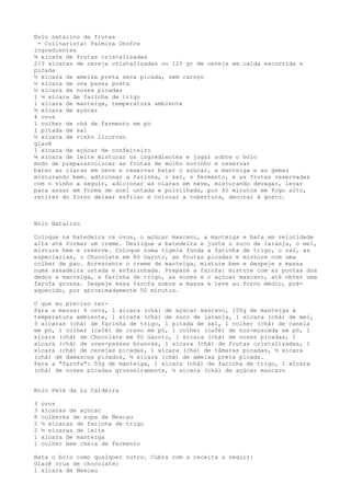 Bolo natalino de frutas
 - Culinarista: Palmira Onofre
ingredientes
¾ xícara de frutas cristalizadas
2/3 xícaras de cereja cristalizadas ou 125 gr de cereja em calda escorrida e
picada
½ xícara de ameixa preta seca picada, sem caroço
½ xícara de uva passa preta
½ xícara de nozes picadas
1 ½ xícara de farinha de trigo
1 xícara de manteiga, temperatura ambiente
¾ xícara de açúcar
4 ovos
1 colher de chá de fermento em pó
1 pitada de sal
½ xícara de vinho licoroso
glacê
1 xícara de açúcar de confeiteiro
¼ xícara de leite misturar os ingredientes e jogar sobre o bolo
modo de prepararcolocar as frutas de molho novinho e reservar
bater as claras em neve e reservar bater o açúcar, a manteiga e as gemas
misturando bem. adicionar a farinha, o sal, o fermento, e as frutas reservadas
com o vinho a seguir, adicionar as claras em neve, misturando devagar, levar
para assar em forma de anel untada e polvilhada, por 40 minutos em fogo alto,
retirar do forno deixar esfriar e colocar a cobertura, decorar à gosto.



Bolo Natalino

Coloque na batedeira os ovos, o açúcar mascavo, a manteiga e bata em velocidade
alta até formar um creme. Desligue a batedeira e junte o suco de laranja, o mel,
misture bem e reserve. Coloque numa tigela funda a farinha de trigo, o sal, as
especiarias, o Chocolate em Pó Garoto, as frutas picadas e misture com uma
colher de pau. Acrescente o creme de manteiga, misture bem e despeje a massa
numa assadeira untada e enfarinhada. Prepare a farofa: misture com as pontas dos
dedos a manteiga, a farinha de trigo, as nozes e o açúcar mascavo, até obter uma
farofa grossa. Despeje essa farofa sobre a massa e leve ao forno médio, pré-
aquecido, por aproximadamente 50 minutos.

O que eu preciso ter-
Para a massa: 4 ovos, 1 xícara (chá) de açúcar mascavo, 150g de manteiga à
temperatura ambiente, 1 xícara (chá) de suco de laranja, 1 xícara (chá) de mel,
3 xícaras (chá) de farinha de trigo, 1 pitada de sal, 1 colher (chá) de canela
em pó, 1 colher (café) de cravo em pó, 1 colher (café) de noz-moscada em pó, 1
xícara (chá) de Chocolate em Pó Garoto, 1 xícara (chá) de nozes picadas, 1
xícara (chá) de uvas-passas brancas, 1 xícara (chá) de frutas cristalizadas, 1
xícara (chá) de cerejas picadas, 1 xícara (chá) de tâmaras picadas, ½ xícara
(chá) de damascos picados, ½ xícara (chá) de ameixa preta picada.
Para a "farofa": 50g de manteiga, 1 xícara (chá) de farinha de trigo, 1 xícara
(chá) de nozes picadas grosseiramente, ½ xícara (chá) de açúcar mascavo


Bolo Pelé da Lu Caldeira

3   ovos
3   xícaras de açúcar
8   colheres de sopa de Nescau
2   ½ xícaras de farinha de trigo
2   ½ xícaras de leite
1   xícara de manteiga
1   colher bem cheia de fermento

Bata o bolo como qualquer outro. Cubra com a receita a seguir:
Glacê crua de chocolate:
1 xícara de Nescau
 