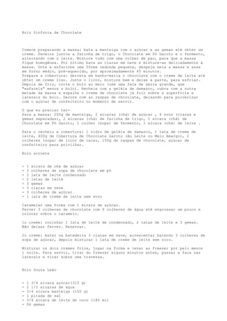 Bolo Sinfonia de Chocolate



Comece preparando a massa: bata a manteiga com o açúcar e as gemas até obter um
creme. Peneire juntos a farinha de trigo, o Chocolate em Pó Garoto e o fermento,
alternando com o leite. Misture tudo com uma colher de pau, para que a massa
fique homogênea. Por último bata as claras em neve e misture-as delicadamente à
massa. Unte e enfarinhe uma fôrma redonda pequena, despeje nela a massa e asse
em forno médio, pré-aquecido, por aproximadamente 45 minutos.
Prepare a cobertura: derreta em banho-maria o chocolate com o creme de leite até
obter um creme liso. Junte o licor, misture bem e deixe à parte, para esfriar.
Depois de frio, corte o bolo ao meio (use uma faca de serra grande, que
"esfarela" menos o bolo). Recheie com a geléia de damasco, cubra com a outra
metade da massa e espalhe o creme de chocolate já frio sobre a superfície e
laterais do bolo. Decore com as raspas de chocolate, deixando para pulverizar
com o açúcar de confeiteiro no momento de servir.

O que eu preciso ter-
Para a massa: 200g de manteiga, 2 xícaras (chá) de açúcar , 4 ovos (claras e
gemas separadas), 2 xícaras (chá) de farinha de trigo, 1 xícara (chá) de
Chocolate em Pó Garoto, 1 colher (sopa) de fermento, 1 xícara (chá) de leite .

Para o recheio e cobertura: 1 vidro de geléia de damasco, 1 lata de creme de
leite, 400g de Cobertura de Chocolate Garoto (Ao Leite ou Meio Amargo), 2
colheres (sopa) de licor de cacau, 150g de raspas de chocolate, açúcar de
confeiteiro para polvilhar.

Bolo sorvete


-   1   xícara de chá de açúcar
-   3   colheres de sopa de chocolate em pó
-   1   lata de leite condensado
-   2   latas de leite
-   3   gemas
-   3   claras em neve
-   3   colheres de açúcar
-   1   lata de creme de leite sem soro

Caramelar uma forma com 1 xícara de açúcar.
Ferver 3 colheres de chocolate com 9 colheres de água até engrossar um pouco e
colocar sobre o caramelo.

1o creme: cozinhar 1 lata de leite de condensado, 2 latas de leite e 3 gemas.
Não deixar ferver. Reservar.

2o creme: bater na batedeira 3 claras em neve, acrescentar batendo 3 colheres de
sopa de açúcar, depois misturar 1 lata de creme de leite sem soro.

Misturar os dois cremes frios, jogar na forma e levar ao freezer por pelo menos
1 noite. Para servir, tirar do freezer alguns minutos antes, passar a faca nas
laterais e virar sobre uma travessa.


Bolo Souza Leão


-   1 3/4 xícara açúcar(315 g)
-   2 1/2 xícaras de água
-   3/4 xícara manteiga (150 g)
-   1 pitada de sal
-   3/4 xícara de leite de coco (180 ml)
-   06 gemas
 