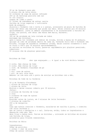 30 gr de fermento para pão
½ xícara chá de leite morno
02 colheres de sopa de açúcar refinado
250 gr de manteiga paulista sem sal
01 ovo inteiro
raspas de limão a gosto
01 colher de sobremesa de açúcar vanile
farinha de trigo especial o suficiente
modo de preparo:
dissolva o fermento com o leite e o açúcar, acrescente um pouco de farinha de
trigo até obter uma massinha que grude nas mãos. deixe crescer por 20 minutos
aproximdamente. junte os demais ingredientes e vá acrescentando a farinha de
trigo, aos poucos, até obter uma massa bem macia, maleável.
recheio:
300 gr de goiabada em lata cortada em cubos
montagem das broinhas:
após a massa ter levedado até dobrar de volume, divida a massa em 30 pedaços,
aplique um cubo de goiabada dentro de cada um, fechando muito bem e formando uma
bolinha. coloque em assadeira levemente untada, deixe crescer novamente e leve
ao forno a 200ºc por 20 minutos aproximadamente.
ao retirar as broinhas do forno, passe-as rapidamente por glaçúcar peneirado.
cobertura:
02 xícaras chá de glaçúcar peneirado.



Broinhas de Fubá
                    obs: que engraçado.... é igual a da vovó Antônia hehehe!

4 colhs. Bem cheias de fubá
6 colhs. Bem cheias de trigo
1 colh. de fermento fleschman em pó
2 ovos
1 xíc. rasa de açúcar
1 pit. de sal; erva doce
Amassa- se com nata até o ponto de enrolar as broinhas com a mão.

Broinhas de fubá da Lu Caldeira

50 g de fermento Fleishmann
1 xícara de farinha de trigo
1 xícara de leite
Misture e deixe crescer coberto por 30 minutos.
Juntar:
2 xícaras de farinha de trigo
2 ovos
2 colheres de sopa de açúcar
erva doce
Escaldar antes de juntar, em 3 xícaras de leite fervendo:
3 xícaras de cremilho
200 g de margarina
sal
Logo que esteja crescido o fermento, escalda-se em vasilha à parte, o cremilho
com leite fervendo a
que se juntou a margarina e o sal. Junta-se, então, todos os ingredientes e
amassa-se como pão. Não
deve ficar a massa dura. Faz-se as broinhas , colocando as bolinhas em xícaras
com farinha de trigo,
girando-as para ficarem redondinhas.

Broinhas do Bóris

Ingredientes:
500gr de polvilho;
1 colher ( chá) de erva doce;
250gr de açúcar refinado;
 