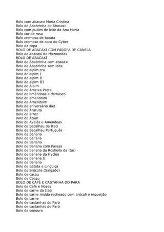 Bolo com abacaxi Maria Cristina
Bolo de Abobrinha do Abacaxi
Bolo com pudim de leite da Ana Maria
Bolo cor de rosa
Bolo cremoso de batata
Bolo cremoso de coco do Cyber
Bolo da copa
BOLO DE ABACAXI COM FAROFA DE CANELA
Bolo de abacaxi de Microondas
BOLO DE ABACAXI
Bolo de Abobrinha com abacaxi
Bolo de Abobrinha sem leite
Bolo de aipim cru
Bolo de aipim I
Bolo de aipim II
Bolo de aipim III
Bolo de Aipim
Bolo de Ameixa Preta
Bolo de amêndoas e damasco
Bolo de amendoim
Bolo de Amendoim
Bolo de aniversário diet
Bolo de Araruta
Bolo de arroz
Bolo de Atum
Bolo de Avelãs e Amendoas
Bolo de Bacalhau da Itaci
Bolo de Bacalhau Português
Bolo de Banana
Bolo de banana
Bolo de Banana
Bolo de Banana com Passas
Bolo de banana da Rosheila da Itaci
Bolo de banana da Hycléa
Bolo de banana II
Bolo de Banana
Bolo de Batata e Lingüiça
Bolo de Brócolis (Salgado)
Bolo de cacau
Bolo de Cacau
BOLO DE CAFÉ E CASTANHA DO PARA
Bolo de Café e Nozes
Bolo de carne da Itaci
Bolo de carne moída recheado com brócoli e requeijão
Bolo de carne
Bolo de castanhas do Pará
Bolo de castanhas do Pará
Bolo de cenoura
 