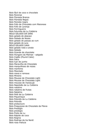 Bolo fácil de coco e chocolate
Bolo florense
Bolo Floresta Branca
Bolo Floresta Negra
Bolo floresta negra
Bolo Fofo de Chocolate com Maionese
Bolo Fofo de Laranja
Bolo Formigueiro
Bolo futurista da Lu Caldeira
BOLO GELADO DA DANI
Bolo gelado de abacaxi
Bolo Gelado de Nozes
Bolo gelado de passas ao rum
Bolo gelado do jura
BOLO GELADO LAKA
Bolo gelado note e anote
Bolo Gelado
Bolo Grande de chocolate
Bolo Húngaro da Mamae - salgado
Bolo Inglês (Pound Cake)
Bolo Itacy
Bolo luar de junho
Bolo Maravilha de Chocolate
Bolo maravilhoso de nozes
Bolo marítimo
Bolo Mesclado
Bolo mexe e remexe
Bolo Mineiro
Bolo Mousse de Chocolate Light
Bolo Mousse de Chocolate Light
Bolo mousse de maracujá
Bolo Napoleão da Lu Caldeira
Bolo natalino
Bolo natalino de frutas
Bolo Natalino
Bolo Pelé da Lu Caldeira
Bolo Piquenique
Bolo Polonês da Lu Caldeira
Bolo Polonês
Bolo prata/ouro
Bolo Preguiçoso de Chocolate da Flávia
Bolo Prestígio
Bolo prestigio
Bolo Preto da Lu
Bolo Rápido de coco
Bolo Regina
Bolo Rodrigo da tia Nenê
Bolo rosa maluca
 
