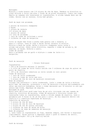 Montagem:
Misture o vinho branco com 1/4 xícara de chá de água. Umedeça os biscoitos no
vinho diluído e forre com eles o fundo de um pirex retangular. Cubra com creme.
Repita as camadas até terminarem os ingredientes. A ultima camada deve ser de
creme. Decore com as cerejas. Sirva bem gelado.


Pavê de maçã com goiabada

1 pacote de biscoito champanhe
2 maçãs
1 xícara de vermute
1/2 xícara de água
1 xícara de açúcar
1/2 lata de goiabada
1 lata de creme de leite(sem o soro)
2 colheres de sopa de margarina

Corte as maçãs bem finas e ponha numa panela com o vermute, a
água e o açúcar. Leve ao fogo e deixe ferver durante 10 minutos.
Escorra a maçã da calda. Molhe o biscoito champanhe nesta calda e
arrume num pirex. Sobre estes biscoitos, espalhe o creme de goiaba e, em
seguida, as maçãs. Enfeite a gosto.
Creme de goiaba
Bata a goiabada com um garfo e misture o creme de leite e a
margarina.



Pavê de maracujá
                          - Álvaro Rodrigues
Ingredientes
- 200 g de biscoito maisena (1 pacote)
- ½ litro de creme de leite fresco batido com 3 colheres de sopa de açúcar em
ponto de chantily
- 100 g de chocolate cobertura ao leite ralado no ralo grosso
Creme de maracujá
- 1 lata de leite condensado
- 1 lata de creme de leite sem soro
- ½ xícara de chá de suco de maracujá concentrado
Modo de preparar
Coloque num refratário o leite condensado, junte o creme de leite e misture
muito bem. Em seguida, acrescente o suco de maracujá e misture delicadamente até
obter uma mistura homogênea. Deixe o creme descansar por 30 minutos ou até que
esteja bem firme. Empregue em seguida.
Montagem do pavê
Monte este delicioso pavê numa taça de pá alto iniciando com uma camada de
chantily, biscoitos de maizena, creme de maracujá e chocolate ralado até
terminarem todos os ingredientes, sendo a última camada de chantily. Leve a
geladeira por 8 horas ou de um dia para o outro. No dia seguinte decore com
chantily e a cobertura espelhada de maracujá.
Cobertura de maracujá
- ½ xícara de chá de água
- ½ xícara de chá de suco de maracujá
- 1 xícara de chá de açúcar refinado
- 2 colheres de sopa de amido de milho
- 2 colheres de sopa de sementes de maracujá
Modo de preparar
1. Leve todos os ingredientes ao fogo, mexendo sempre, até ferver e engrossar
ligeiramente. Deixe esfriar e empregue sobre o pavê no momento de servir.
2. Para decoração: 250 g de chantily batido



Pavê de morango
                            - Lúcia Aguiar
 