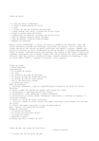 Pudim de Natal



-   1 lata de leite condensado
-   2 vezes a mesma medida de leite
-   3 ovos
-   1 colher de chá de essência de baunilha
-   1 maçã grande sem casca, cortada em fatias finas
-   canela e açúcar para polvilhar
-   2 pãezinhos da véspera, cortados em fatias finas
-   150g de ameixas pretas secas, picadas
-   100g de passas; 100g de nozes picadas
-   pedaços de manteiga

Bata o leite condensado, o leite, os ovos e a essência de baunilha. Unte uma
forma refratária grande com manteiga e polvilhe com açúcar. Forre o fundo da
forma com parte das fatias da maçã e polvilhe com canela e açúcar. Embeba aos
poucos na mistura do leite condensado as fatias de pão, e coloque espaçadamente
sobre as maçãs. Distribua parte das ameixas, das passas e das nozes e repita as
camadas, terminando com as maçãs. Cubra tudo com a mistura do leite condensado
restante (sem que atinja a borda da forma), espalhe pedaços de manteiga e leve
ao forno médio (180°C.) durante 40 minutos. Sirva quente.



Pudim de nozes
- Tânia Nakajima
Ingredientes
- 02 xícaras de açúcar
- 03 ovos
- 02 colheres de sopa de manteiga
- 09 fatias de pão de forma sem casca
- 01 xícara de chá de nozes moída
- 100 g. de chocolate ralado
- ¼ xícara de leite
Modo de preparar
1. Triturar levemente o pão no liqüidificador e deixa-lo de molho no leite.
Reservar.
2. Bater a gema com metade do açúcar até formar um creme.
3. Acrescentar a manteiga derretida e bater
4. Acrescentar o pão umedecido e bater novamente
5. Acrescentar as nozes, bater levemente e adicionar o restante do açúcar e o
chocolate ralado.
6. Bater as claras em neve e misturar
7. Colocar a massa em forma untada com papel manteiga e polvilhado com farinha
de rosca.
8. Cobrir com papel manteiga e assar em banho-maria
Obs.: Servir com calda de chocolate
Calda de chocolate
- 01 xícara de açúcar
- 01 xícara de chocolate em pó
- ½ xícara de leite
- Baunilha a gosto
Cozinhar até dar o "ponto de fio"




Pudim de pão com calda de chocolate
                                            - Palmira Onofre

- 4 xícara de chá de miolo de pão
 