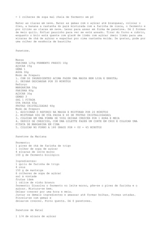 - 1 colheres de sopa mal cheia de fermento em pó

Bater as claras em neve. Bater as gemas com o açúcar até branquear, colocar o
óleo, a banana a castanha do pará misturada com a farinha de rosca, o fermento e
por último as claras em neve. Levar para assar em forma de panetone. Dá 2 formas
de meio quilo. Enfiar pauzinho para ver se está assado. Tirar do forno e cobrir,
enquanto o bolo está quente com glacê de limão com açúcar (meio limão para uma
xícaras de chá de açúcar e espalhar por cima castanha moída. Se gostar, pode por
uma colher de essência de baunilha


Panetone.


Massa
FARINHA 125g FERMENTO FRESCO 10g
AÇUCAR 15g
GEMA 1
AGUA 30g
Modo de Preparo
1. COM OS INGREDIENTES ACIMA FAZER UMA MASSA BEM LISA E ENXUTA;
2. DEIXAR DESCANSAR POR 30 MINUTOS
Reforço
MARGARINA 50g
FARINHA 80g
AÇUCAR 30g
GEMAS 3
SAL 1 PITADA
UVA PASSA 60g
FRUTAS CRISTALIZADAS 40g
Modo de Preparo
1. ADICIONAR O REFORÇO NA MASSA E MISTURAR POR 20 MINUTOS
2. MISTURAR 60G DE UVA PASSA E 40 DE FRUTAS CRISTALISZADAS;
3. COLOCAR EM UMA FORMA DE 500G DEIXAR CRESCER POR 1 HORA E MEIA
4. DEPOIS DE CRESCIDO, COM UMA GILETTE FAZER UM CORTE EM CRUZ E COLOCAR UMA
PITATA DE MARGARINA EM CIMA
5. COLOCAR NO FORNO A 180 GRAUS POR + OU - 45 MINUTOS


Panetone da Mariana

Fermento:
1 pires de chá de farinha de trigo
1 colher de sopa de açúcar
4 xícaras de leite morno
100 g de fermento biológico

Ingredientes:
1 quilo de farinha de trigo
4 ovos
150 g de manteiga
6 colheres de sopa de açúcar
sal à vontade
frutas idem
1 cálice de vinho branco
fermento: Dissolva o fermento no leite morno, põe-se o pires de farinha e o
açúcar. Mistura-se bem.
Deixar crescer por uma hora e meia.
Juntar os demais ingredientes e amassar até formar bolhas. Formas untadas.
Pincela-se com gemas e
deixa-se crescer. Forno quente. Dá 4 panetones.


Panetone de Natal

1 1/4 de xícara de açúcar
 