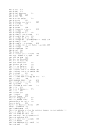 Pão de mel 213
Pão de mel 215
Pão de Mel Europeu      217
Pão de mel III    220
Pão de mel 221
Pão de milho verde      222
Pão de milho      223
Pão de Minuto com Queijo      225
Pão de minuto     226
Pão de Nata 227
Pão de Natal      228
Pão de Presunto e Queijo      230
Pão de queijo     231
Pão de queijo colonial 232
Pão de Queijo com Batatas     233
Pão de queijo da Itaci 234
Pão de queijo da Neide 235
Pão de queijo de liqüidificador da Itaci 236
Pão de queijo light     237
Pão de queijo - o gostoso     238
Pão de queijo rápido com falso requeijão 238
Pão de queijo     240
Pão de rapadura   241
Pão de sal 243
Pão delícia 244
Pão Delicioso para o Lanche   246
Pão Doce Romeu e Julieta      247
Pão Doce da Ana   249
Pão doce de forma 251
Pão doce de Natal 252
Pão Doce Delicioso      254
Pão Dourado da Tina     256
Pão Fofo de Batatas     257
Pão húngaro de limão    258
Pão integral com milho verde 261
Pão integral com milho verde 262
Pão Integral      264
Pao Italiano com Alho   265
Pão Italiano com Caturipy de Veka 267
Pão Italiano      268
DISK GRADINA 0800-117766      270
Pão natural de beterraba      270
Pão Rapidinho     272
Pão sacadura e caseirinho     273
Pão sírio   274
Pão Sírio à Pizzaiolo   276
Pão sírio   277
Pão toscano 278
Pão trançado      280
Pãozinho Iracy    281
Pãozinho Margarida      283
Pãozinho massa podre    284
Papo-de-anjo do Charlo 285
Papo de Anjo      286
Parfait de Framboesa Micro    287
Pargo a gaiteira 290
Pasta Americana   292
Pasta com rúcula a salsa de pomodoro fresco com manjericão 293
Pasta de alho da Itaci 295
Pasta de Alho do Cyber 296
Pasta de alho tantan fáááácil 297
Pasta de amêndoa 298
Pasta de atum com requeijão   300
Pasta de bacon    301
Pasta de berinjela da Itaci   302
Pasta de mel      303
 