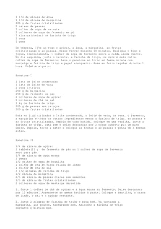 1 1/4 de xícara de água
1 1/4 de xícara de margarina
200 g de frutas cristalizadas
2 caixas de passas
1 colher de sopa de vermute
2 colheres de sopa de fermento em pó
3 xícaras(cheias) de farinha de trigo
3 ovos
1 gema

De véspera, leve ao fogo o açúcar, a água, a margarina, as frutas
cristalizadas e as passas. Deixe ferver durante 10 minutos. Desligue o fogo e
jogue, imediatamente, 1 colher de sopa de fermento sobre a calda ainda quente.
No dia seguinte, junte o vermute, a farinha de trigo, os ovos e mais outra
colher de sopa de fermento. Leve o panetone ao forno em forma untada com
manteiga e farinha de trigo e papel arengueiro. Asse em forno regular durante 1
hora. Enfeite a gosto.


Panetone I

1 lata de leite condensado
1 lata de leite de vaca
2 ovos inteiros
250 g de margarina
250 g de fermento de pão
2 colheres de sopa de açúcar
2 colheres de chá de sal
1 kg de farinha de trigo
200 g de passas sem caroços
200 g de frutas cristalizadas

Bata no liqüidificador o leite condensado, o leite de vaca, os ovos, o fermento,
a margarina e todos os outros ingredientes menos a farinha de trigo, as passas e
as frutas cristalizadas. Depois de tudo batido, coloque em uma vasilha, junte a
farinha de trigo, bata bem e deixe descansar por 2 horas coberto por um pano
úmido. Depois, torne a bater e coloque as frutas e as passas e ponha em 2 formas
altas.


Panetone II

1/4 de xícara de açúcar
1 tablete(15 g) de fermento de pão ou 1 colher de sopa de fermento
seco para pão
3/4 de xícara de água morna
3 gemas
1/2 colher de sopa de baunilha
1 colher de chá de casca ralada de limão
1 colher de chá de sal
3 1/2 xícaras de farinha de trigo
1/2 xícara de margarina
2/3 de xícara de passas claras sem sementes
1/3 de xícara de frutas cristalizadas
2 colheres de sopa de manteiga derretida

1. Junte 1 colher de chá de açúcar e a água morna ao fermento. Deixe descansar
por 10 minutos. Acrescente as gemas batidas à parte. Coloque a baunilha, a casca
de limão, o sal e o açúcar restante.

2. Junte 2 xícaras de farinha de trigo e bata bem. Vá juntando a
margarina, aos poucos, misturando bem. Adicione a farinha de trigo
restante e misture bem.
 
