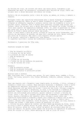 da farinha de trigo. Vá sovando até obter uma massa macia, homogênea e que
desprenda das mãos. Se necessário, acrescente mais farinha de trigo. Cubra com
um pano seco e deixe descansar até dobrar de volume.

Recheio: Em um recipiente junte o doce de leite, as gemas, as nozes, o damasco e
reserve.

Montagem: Sobre uma superfície enfarinhada abra a massa formando um retângulo,
espalhe a margarina, dobre ao meio e dobre novamente ao meio. Abra novamente
formando um retângulo, espalhe o recheio, enrole como um rocambole e corte em 5
porções iguais. Reserve. Unte 5 formas para panetone, coloque cada porção nas
formas, cubra com um pano seco e deixe descansar até dobrar de volume. Coloque o
forno para aquecer em temperatura moderada (180o. C). Leve os panetones ao forno
par assar por cerca de 30 minutos ou até que as superfícies estejam douradas.
Retire do forno e deixe esfriar sobre uma grade.
DICA: 1) Para fazer o doce de leite, coloque as latas de leite condensado, sem o
rótulo, em uma panela de pressão com água até a metade da lata. Deixe cozinhar
por cerca de 20 minutos. Não abra a lata enquanto estiver quente.
2) Se quiser, substitua o damasco por uvas passas.
3) Sugestão: polvilhe o açúcar de confeiteiro quando tirar do forno.

Rendimento: 5 panetones de 500g cada.


Panetone salgado do Cyber


-   100g de fermento biológico
-   2 xícaras de chá de leite
-   2 colheres de sopa de açúcar
-   100g de margarina
-   4 ovos
-   1 pitada de noz moscada
-   1 colher de chá de essência de panetone
-   1 kg de farinha de trigo

Recheio:
- 200g de presunto picado
- 150g de calabresa triturada
- 150g de muzzarela ou provolone picado

Misture tudo e recheie.
OBS. Você pode usar o recheio que quiser. Eu usei tomate seco, também, e ficou
ótimo. Use nozes, presunto cru, frango defumado, lombinho, passas, salame, o que
quiser.


Faça uma esponja com o fermento: numa tigela para, no mínimo, 1 litro, coloque o
fermento e sobre ele o açúcar. Mexa bem para dissolver o fermento. Junte o leite
em temperatura ambiente. Acrescente 3 xícaras de farinha de trigo e mexa bem.
Deixe descansar até que dobre de volume ( cerca de uma hora). Coloque a esponja
na batedeira, acrescente a margarina, os ovos, a noz moscada e a essência de
panetone. Comece a bater e vá juntando farinha de trigo até que a batedeira
esteja com dificuldade para misturar. Quando começar a colocar a farinha de
trigo, junte o sal, não o coloque antes para não atrapalhar o crescimento da
massa. Quando a batedeira não agüentar mais, coloque a massa sobre uma
superfície enfarinhada e trabalhe a massa com a espátula e depois com as mãos,
mas a massa fica mais mole que a de pão. Abrir com as mãos e cobrir com o
recheio. Enrole como rocambole. Corte em quatro, unte as mãos com óleo, boleie e
coloque nas formas ( vide passo a passo do panetone, no site!
). Colocar no forno depois de crescer até dois dedos da beirada da forma. Levar
ao forno a 240°C e quando dourar em cima, abaixe a 180°C. Ao todo, leva mais ou
menos 90 minutos. Antes de tirar, enfiar um palito de churrasco para ver se
assou por dentro. Se quiser, passe gemas com um pincel na superfície do panetone
antes de colocar no forno. Passe manteiga em cima ao tirar do forno.
 