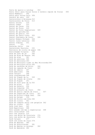 Pasta de queijo e catchup     303
Pasta fácil para forrar bolos e recheio rápido de frutas   304
Pasta Mamberti    306
Pasta para forrar bolo 308
Pastéis de nata   309
Pasteizinhos à Milaneza 312
Pasteizinhos de forno   313
Pastel Chines     314
Pastel Comum      315
Pastel de Carne   316
Pastel de Forno   319
Pastel de forno vegetariano   320
Pastel de galinha 321
Pastel de Queijo 323
Pastel de Santa Clara   325
Pastel Diplomata de forno     326
Pastel Romano Folhado   328
Pastel russo natalino   330
Pastel simples    331
Pastel      333
Pastelão Célia    334
Pastelzinho Paulista    335
Pastieira de ricota do papai 336
Pastilhagem filipina    338
Patê de alho da yô      340
Patê de Atum da Renata 340
Patê de atum      341
Patê de azeitona 342
Patê de berinjela 343
Patê de Berinjela Light no Meu Microondas 344
Patê de berinjela micro 345
Patê de sardinha de micro     346
Patê de camarão da Itaci      347
Patê de cebola    347
Patê americano    348
Patê tártaro      348
Patê condimentado 348
Patê de fígado da Lu    349
Patê de fígado de vitela      350
Patê de Fígado    351
Patê de foie gras da Lu 352
Patê de misso     353
Patê de Palmito   354
Patê de Pimentão 355
Patê de presunto da Itaci     356
Patê de queijo rápido da Itaci     357
Patê de requeijão da Itaci    357
Paté de Ricota à Moda Dadi    358
Patê de Salame    359
Patê de Ricota com Alho 360
Patê de ricota    361
Patê de tomates secos com gergelim 362
Pâté en croûte    363
Patê José Sans    365
Patê Napolitano   368
Pato assado com mel e especiarias 368
Pato catarinense 370
Pato com laranja 372
Pato com Molho de Chocolate   374
Pato com molho de chocolate   376
Pavê Calipso      377
Pavê com nozes da Itaci 379
Pavê de Abacaxi   380
Pavê de Achocolatado    381
Pavê de Ameixa ou morango     382
Pavê de Amendoim 382
 