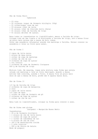 Pão de forma Fácil
                  Cybercook

-   03   ovos
-   02   colheres (sopa) de fermento biológico (50g)
-   01   colher(sopa) rasa de sal
-   03   xícaras (chá) de leite
-   01   xícara (chá) de óleo(não muito cheia)
-   01   xícara (chá) de farinha de trigo
-   01   xícara de(chá) de açúcar.

Bata todos os ingredientes no liqüidificador, menos a farinha de trigo.
Coloque tudo em uma tigela e vá misturando a farinha de trigo, até a massa ficar
um pouco mais grossa que a massa de bolo comum.
Untar uma assadeira retangular grande com manteiga e farinha. Deixar crescer na
assadeira e levar ao forno para assar.


Pão de forma I

2 copos de leite morno
1 xícara de água morna
1 colher de sopa de manteiga
1 colher de chá de sal
4 colheres de sopa de açúcar
1 ovo inteiro
2 colheres de sopa de fermento Itaiquara
600 g de farinha de trigo

Misture tudo. Em seguida, jogue esta mistura numa forma que esteja
untada com manteiga e leve ao forno desligado. Quando a massa
estiver bem crescida, acenda o forno. A massa fica um pouco mais
dura do que a massa de bolo, porém não é aquela massa dura.


Pão de forma II

1/2 kg de farinha de trigo
2 colheres de sopa de margarina
2 ovos
2 copos de leite morno
1/2 copo de água
1 colher de sopa de fermento em pó
2 colheres de sopa de açúcar
1 colher de chá de sal

Bata tudo no liqüidificador, coloque na forma para crescer e asse.


Pão de forma sem glutem
                  (salgado) - Margarida Nunes Bento
Ingredientes
- 20 g de fermento biológico
- 1 xícara de chá de leite morno
- 1 colher de sopa de açúcar
- 1 colher de sobremesa de sal
- ½ xícara de chá de óleo
- 300 g de mandioquinha cozida
- 2 ovos inteiros
- 400 g de fécula de batata
Modo de preparo
 