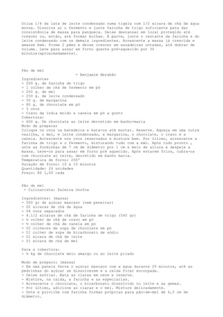 Dilua 1/4 da lata de leite condensado numa tigela com 1/2 xícara de chá de água
morna. Dissolva aí o fermento e junte farinha de trigo suficiente para dar
consistência de massa para panqueca. Deixe descansar em local protegido até
crescer ou, então, até formar bolhas. À parte, junte o restante da farinha e do
leite condensado com os demais ingredientes. Acrescente a massa já crescida e
amasse bem. Forme 2 pães e deixe crescer em assadeiras untadas, até dobrar de
volume. Leve para assar em forno quente pré-aquecido por 30
minutos(aproximadamente).



Pão de mel
                        - Benjamim Abrahão
Ingredientes
- 200 g. de farinha de trigo
- 1 colher de chá de fermento em pó
- 250 g. de mel
- 250 g. de leite condensado
- 50 g. de margarina
- 80 g. de chocolate em pó
- 3 ovos
- Cravo da índia moído e canela em pó a gosto
Cobertura:
- 600 g. De chocolate ao leite derretido em banho-maria
Modo de preparar
Coloque os ovos na batedeira e bata-os até montar. Reserve. Aqueça em uma outra
vasilha, o mel, e leite condensado, a margarina, o chocolate, o cravo e a
canela. Acrescente nos ovos reservados e misture bem. Por último, acrescente a
farinha de trigo e o fermento, misturando tudo com a mão. Após tudo pronto ,
unte as forminhas de 7 cm de diâmetro por 1 cm e meio de altura e despeje a
massa. Leve-os para assar em forno pré aquecido. Após estarem frios, cubra-os
com chocolate ao leite, derretido em banho maria.
Temperatura de forno: 200º
Duração de forno: 10 à 15 minutos
Quantidade: 26 unidades
Preço: R$ 1,00 cada


Pão de mel
 - Culinarista: Palmira Onofre

Ingredientes: (massa)
- 500 gr de açúcar mascavo (sem peneirar)
- 02 xícaras de chá de água
- 04 ovos separados
- 4.1/2 xícaras de chá de farinha de trigo (540 gr)
- ½ colher de chá de cravo em pó
- ½ colher de chá de canela em pó
- 02 colheres de sopa de chocolate em pó
- 01 colher de sopa de bicarbonato de sódio
- 01 xícara de chá de leite
- 01 xícara de chá de mel

Para a cobertura:
- ½ kg de chocolate meio amargo ou ao leite picado

Modo de preparo: (massa)
- Em uma panela ferva o açúcar mascavo com a água durante 20 minutos, até as
pedrinhas do açúcar se dissolverem e a calda ficar encorpada.
- Deixe esfriar. Bata as claras em neve e reserve.
- Misture, na calda, a farinha e as especiarias.
- Acrescente o chocolate, o bicarbonato dissolvido no leite e as gemas.
- Por último, adicione as claras e o mel. Misture delicadamente.
- Unte e polvilhe com farinha formas próprias para pão-de-mel de 6,5 cm de
diâmetro.
 