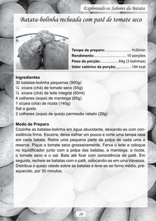 Explorando os Sabores da Batata

  Batata-bolinha recheada com patê de tomate seco



                               Tempo de preparo: ........................ 1h30min
                               Rendimento:............................... 10 porções
                               Peso da porção:................. 64g (3 bolinhas)
                               Valor calórico da porção:...............194 kcal

Ingredientes
30 batatas-bolinha pequenas (900g)
¼ xícara (chá) de tomate seco (55g)
¼ xícara (chá) de leite integral (60ml)
4 colheres (sopa) de manteiga (65g)
1 xícara (chá) de ricota (140g)
Sal a gosto
2 colheres (sopa) de queijo parmesão ralado (20g)

Modo de Preparo
Cozinhe as batatas-bolinha em água abundante, deixando-as com con-
sistência firme. Escorra, deixe esfriar um pouco e corte uma tampa rasa
em cada batata. Retire uma pequena parte da polpa de cada uma e
reserve. Pique o tomate seco grosseiramente. Ferva o leite e coloque
no liquidificador junto com a polpa das batatas, a manteiga, a ricota,
o tomate seco e o sal. Bata até ficar com consistência de patê. Em
seguida, recheie as batatas com o patê, colocando-as em uma travessa.
Distribua o queijo ralado sobre as batatas e leve-as ao forno médio, pré-
aquecido, por 30 minutos.




                                    19
 