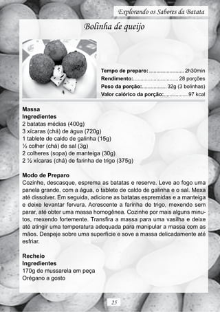 Explorando os Sabores da Batata

                        Bolinha de queijo



                               Tempo de preparo: ........................ 2h30min
                               Rendimento:............................... 28 porções
                               Peso da porção:................. 32g (3 bolinhas)
                               Valor calórico da porção:.................97 kcal

Massa
Ingredientes
2 batatas médias (400g)
3 xícaras (chá) de água (720g)
1 tablete de caldo de galinha (15g)
½ colher (chá) de sal (3g)
2 colheres (sopa) de manteiga (30g)
2 ½ xícaras (chá) de farinha de trigo (375g)

Modo de Preparo
Cozinhe, descasque, esprema as batatas e reserve. Leve ao fogo uma
panela grande, com a água, o tablete de caldo de galinha e o sal. Mexa
até dissolver. Em seguida, adicione as batatas espremidas e a manteiga
e deixe levantar fervura. Acrescente a farinha de trigo, mexendo sem
parar, até obter uma massa homogênea. Cozinhe por mais alguns minu-
tos, mexendo fortemente. Transfira a massa para uma vasilha e deixe
até atingir uma temperatura adequada para manipular a massa com as
mãos. Despeje sobre uma superfície e sove a massa delicadamente até
esfriar.

Recheio
Ingredientes
170g de mussarela em peça
Orégano a gosto



                                    25
 