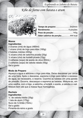 Explorando os Sabores da Batata

              Kibe de forno com batata e atum



                                Tempo de preparo: ........................ 2h20min
                                Rendimento:................................. 6 porções
                                Peso da porção:................................... 140g
                                Valor calórico da porção:...............444 kcal

Massa
Ingredientes
2 xícaras (chá) de água (480ml)
1 xícara (chá) de trigo para kibe (160g)
2 batatas médias (400g)
½ xícara (chá) de salsinha picada (20g)
½ xícara (chá) de hortelã picada (10g)
3 colheres (sopa) de azeite de oliva (60mL)
2 colheres (sopa) de cebola ralada (40g)
Sal a gosto

Modo de Preparo
Aqueça a água e adicione o trigo para kibe. Deixe descansar por cerca
de uma hora. Após o descanso, esprema o trigo para retirar o excesso
de água, se necessário, e reserve. Cozinhe as batatas em uma panela
de pressão. Escorra, descasque e esprema as batatas. Misture-as, em
uma vasilha, com o trigo, a salsinha, a hortelã, o azeite, a cebola e o sal.
Misture bem até que a massa fique homogênea.

Recheio
Ingredientes
¼ de cebola média (35g)
1 lata de atum (170g)
Suco de ½ limão (15mL)
Sal a gosto
Pimenta-do-reino a gosto

                                     29
 