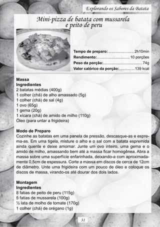 Explorando os Sabores da Batata

          Mini-pizza de batata com mussarela
                    e peito de peru


                              Tempo de preparo: ........................ 2h10min
                              Rendimento:............................... 10 porções
                              Peso da porção:..................................... 74g
                              Valor calórico da porção:...............139 kcal

Massa
Ingredientes
2 batatas médias (400g)
1 colher (chá) de alho amassado (5g)
1 colher (chá) de sal (4g)
1 ovo (65g)
1 gema (20g)
1 xícara (chá) de amido de milho (110g)
Óleo (para untar a frigideira)

Modo de Preparo
Cozinhe as batatas em uma panela de pressão, descasque-as e espre-
ma-as. Em uma tigela, misture o alho e o sal com a batata espremida
ainda quente e deixe amornar. Junte um ovo inteiro, uma gema e o
amido de milho, amassando bem até a massa ficar homogênea. Abra a
massa sobre uma superfície enfarinhada, deixando-a com aproximada-
mente 0,5cm de espessura. Corte a massa em discos de cerca de 12cm
de diâmetro. Unte uma frigideira com um pouco de óleo e coloque os
discos de massa, virando-os até dourar dos dois lados.

Montagem
Ingredientes
8 fatias de peito de peru (115g)
5 fatias de mussarela (100g)
½ lata de molho de tomate (170g)
1 colher (chá) de orégano (1g)

                                   31
 