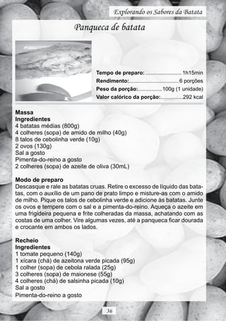 Explorando os Sabores da Batata

                      Panqueca de batata



                               Tempo de preparo: ........................ 1h15min
                               Rendimento:................................. 6 porções
                               Peso da porção:................100g (1 unidade)
                               Valor calórico da porção:...............292 kcal

Massa
Ingredientes
4 batatas médias (800g)
4 colheres (sopa) de amido de milho (40g)
8 talos de cebolinha verde (10g)
2 ovos (130g)
Sal a gosto
Pimenta-do-reino a gosto
2 colheres (sopa) de azeite de oliva (30mL)

Modo de preparo
Descasque e rale as batatas cruas. Retire o excesso de líquido das bata-
tas, com o auxílio de um pano de prato limpo e misture-as com o amido
de milho. Pique os talos de cebolinha verde e adicione às batatas. Junte
os ovos e tempere com o sal e a pimenta-do-reino. Aqueça o azeite em
uma frigideira pequena e frite colheradas da massa, achatando com as
costas de uma colher. Vire algumas vezes, até a panqueca ficar dourada
e crocante em ambos os lados.

Recheio
Ingredientes
1 tomate pequeno (140g)
1 xícara (chá) de azeitona verde picada (95g)
1 colher (sopa) de cebola ralada (25g)
3 colheres (sopa) de maionese (55g)
4 colheres (chá) de salsinha picada (10g)
Sal a gosto
Pimenta-do-reino a gosto

                                    36
 