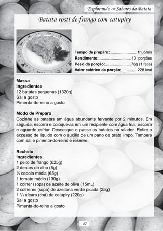 Explorando os Sabores da Batata

           Batata rosti de frango com catupiry



                              Tempo de preparo: ........................ 1h35min
                              Rendimento:.............................. 10 porções
                              Peso da porção:........................78g (1 fatia)
                              Valor calórico da porção:...............228 kcal

Massa
Ingredientes
12 batatas pequenas (1320g)
Sal a gosto
Pimenta-do-reino a gosto

Modo de Preparo
Cozinhe as batatas em água abundante fervente por 2 minutos. Em
seguida, escorra e coloque-as em um recipiente com água fria. Escorra
e aguarde esfriar. Descasque e passe as batatas no ralador. Retire o
excesso de líquido com o auxílio de um pano de prato limpo. Tempere
com sal e pimenta-do-reino e reserve.

Recheio
Ingredientes
1 peito de frango (625g)
2 dentes de alho (5g)
½ cebola média (65g)
1 tomate médio (130g)
1 colher (sopa) de azeite de oliva (15mL)
2 colheres (sopa) de azeitona verde picada (25g)
1 ¹/3 xícara (chá) de catupiry (220g)
Sal a gosto
Pimenta-do-reino a gosto



                                  47
 