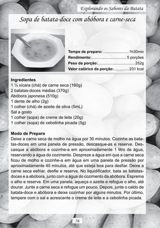 Explorando os Sabores da Batata

    Sopa de batata-doce com abóbora e carne-seca



                               Tempo de preparo: ........................ 1h30min
                               Rendimento:................................. 5 porções
                               Peso da porção:................................... 252g
                               Valor calórico da porção:...............231 kcal

Ingredientes
1 ½ xícara (chá) de carne seca (160g)
2 batatas-doces médias (370g)
Abóbora japonesa (510g)
1 dente de alho (2g)
1 colher (chá) de azeite de oliva (5mL)
Sal a gosto
1 colher (sopa) de creme de leite (20g)
1 colher (sopa) de cebolinha picada (5g)

Modo de Preparo
Deixe a carne seca de molho na água por 30 minutos. Cozinhe as bata-
tas-doces em uma panela de pressão, descasque-as e reserve. Des-
casque a abóbora e cozinhe-a em aproximadamente 1 litro de água,
reservando a água do cozimento. Despreze a água em que a carne seca
ficou de molho e cozinhe-a em água em uma panela de pressão por
aproximadamente 40 minutos, até que esteja boa para desfiar. Deixe a
carne seca esfriar, desfie e reserve. No liquidificador, bata as batatas-
doces e a abóbora, junto com a água do cozimento da abóbora. Esprema
o alho e reserve. Em uma panela, aqueça o azeite e refogue o alho, até
dourar. Junte a carne seca e refogue um pouco. Depois, junte o caldo de
batata-doce e abóbora e deixe cozinhar por alguns minutos. Por último,
tempere com o sal e acrescente o creme de leite e a cebolinha picada.




                                    56
 