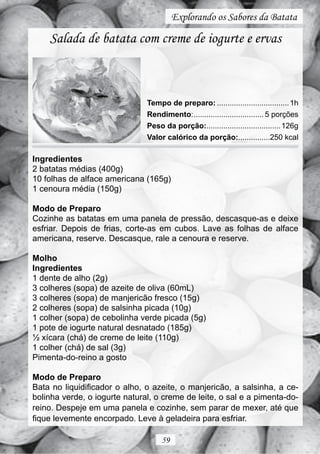 Explorando os Sabores da Batata

    Salada de batata com creme de iogurte e ervas



                               Tempo de preparo: .................................. 1h
                               Rendimento: ................................. 5 porções
                               Peso da porção:................................... 126g
                               Valor calórico da porção:...............250 kcal

Ingredientes
2 batatas médias (400g)
10 folhas de alface americana (165g)
1 cenoura média (150g)

Modo de Preparo
Cozinhe as batatas em uma panela de pressão, descasque-as e deixe
esfriar. Depois de frias, corte-as em cubos. Lave as folhas de alface
americana, reserve. Descasque, rale a cenoura e reserve.

Molho
Ingredientes
1 dente de alho (2g)
3 colheres (sopa) de azeite de oliva (60mL)
3 colheres (sopa) de manjericão fresco (15g)
2 colheres (sopa) de salsinha picada (10g)
1 colher (sopa) de cebolinha verde picada (5g)
1 pote de iogurte natural desnatado (185g)
½ xícara (chá) de creme de leite (110g)
1 colher (chá) de sal (3g)
Pimenta-do-reino a gosto

Modo de Preparo
Bata no liquidificador o alho, o azeite, o manjericão, a salsinha, a ce-
bolinha verde, o iogurte natural, o creme de leite, o sal e a pimenta-do-
reino. Despeje em uma panela e cozinhe, sem parar de mexer, até que
fique levemente encorpado. Leve à geladeira para esfriar.

                                    59
 