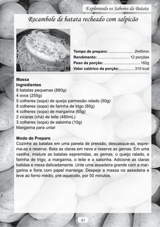 Explorando os Sabores da Batata

      Rocambole de batata recheado com salpicão



                              Tempo de preparo: ........................ 2h45min
                              Rendimento:............................... 12 porções
                              Peso da porção:................................... 182g
                              Valor calórico da porção:...............310 kcal

Massa
Ingredientes
8 batatas pequenas (880g)
4 ovos (255g)
5 colheres (sopa) de queijo parmesão ralado (50g)
8 colheres (sopa) de farinha de trigo (80g)
4 colheres (sopa) de margarina (65g)
2 xícaras (chá) de leite (480mL)
3 colheres (sopa) de salsinha (10g)
Margarina para untar

Modo de Preparo
Cozinhe as batatas em uma panela de pressão, descasque-as, espre-
ma-as e reserve. Bata as claras em neve e reserve as gemas. Em uma
vasilha, misture as batatas espremidas, as gemas, o queijo ralado, a
farinha de trigo, a margarina, o leite e a salsinha. Adicione as claras
batidas e mexa delicadamente. Unte uma assadeira grande com a mar-
garina e forre com papel manteiga. Despeje a massa na assadeira e
leve ao forno médio, pré-aquecido, por 50 minutos.




                                   61
 