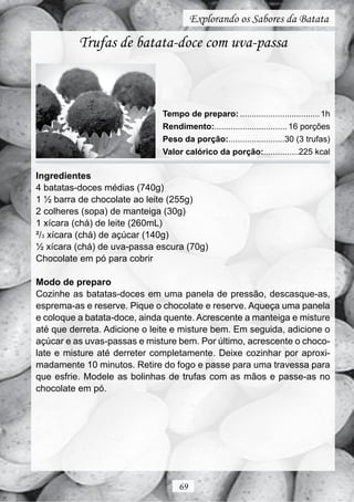 Explorando os Sabores da Batata

          Trufas de batata-doce com uva-passa



                              Tempo de preparo: .................................. 1h
                              Rendimento:............................... 16 porções
                              Peso da porção:........................30 (3 trufas)
                              Valor calórico da porção:...............225 kcal

Ingredientes
4 batatas-doces médias (740g)
1 ½ barra de chocolate ao leite (255g)
2 colheres (sopa) de manteiga (30g)
1 xícara (chá) de leite (260mL)
²/3 xícara (chá) de açúcar (140g)
½ xícara (chá) de uva-passa escura (70g)
Chocolate em pó para cobrir

Modo de preparo
Cozinhe as batatas-doces em uma panela de pressão, descasque-as,
esprema-as e reserve. Pique o chocolate e reserve. Aqueça uma panela
e coloque a batata-doce, ainda quente. Acrescente a manteiga e misture
até que derreta. Adicione o leite e misture bem. Em seguida, adicione o
açúcar e as uvas-passas e misture bem. Por último, acrescente o choco-
late e misture até derreter completamente. Deixe cozinhar por aproxi-
madamente 10 minutos. Retire do fogo e passe para uma travessa para
que esfrie. Modele as bolinhas de trufas com as mãos e passe-as no
chocolate em pó.




                                   69
 