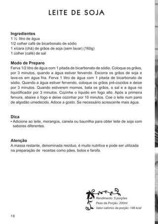 LEITE DE SOJA

Ingredientes
1 ½ litro de água
1/2 colher café de bicarbonato de sódio
1 xícara (chá) de grãos de soja (sem lavar) (160g)
1 colher (café) de sal

Modo de Preparo
ferva 1/2 litro de água com 1 pitada de bicarbonato de sódio. coloque os grãos,
por 3 minutos, quando a água estiver fervendo. escorra os grãos de soja e
lave-os em água fria. ferva 1 litro de água com 1 pitada de bicarbonato de
sódio. Quando a água estiver fervendo, coloque os grãos pré-cozidos e deixe
por 3 minutos. Quando estiverem mornos, bata os grãos, o sal e a água no
liquidificador por 3 minutos. Cozinhe o líquido em fogo alto. Após a primeira
fervura, abaixe o fogo e deixe cozinhar por 10 minutos. coe o leite num pano
de algodão umedecido. adoce a gosto. se necessário acrescente mais água.


Dica
•	 adicione ao leite, morangos, canela ou baunilha para obter leite de soja com
 sabores diferentes.


Atenção
a massa restante, denominada resíduo, é muito nutritiva e pode ser utilizada
na preparação de receitas como pães, bolos e farofa.




                                                     Rendimento: 5 porções
                                                     Peso da Porção: 200ml
                                                     Valor calórico da porção: 146 kcal

18
 
