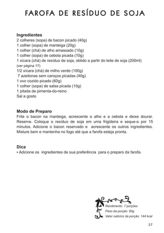 FA R O FA D E R E S Í D U O D E S O J A

Ingredientes
2 colheres (sopa) de bacon picado (40g)
1 colher (sopa) de manteiga (20g)
1 colher (chá) de alho amassado (10g)
1 colher (sopa) de cebola picada (10g)
1 xícara (chá) de resíduo de soja, obtido a partir do leite de soja (200ml)
(ver página 17)
1/2 xícara (chá) de milho verde (100g)
 7 azeitonas sem caroços picadas (40g)
1 ovo cozido picado (60g)
1 colher (sopa) de salsa picada (10g)
1 pitada de pimenta-do-reino
sal a gosto


Modo de Preparo
frite o bacon na manteiga, acrescente o alho e a cebola e deixe dourar.
reserve. coloque o resíduo de soja em uma frigideira e seque-o por 15
minutos. adicione o bacon reservado e acrescente os outros ingredientes.
misture bem e mantenha no fogo até que a farofa esteja pronta.


Dica
•	 adicione os ingredientes de sua preferência para o preparo da farofa.




                                                     Rendimento: 7 porções
                                                     Peso da porção: 60g
                                                     Valor calórico da porção: 144 kcal

                                                                                    37
 