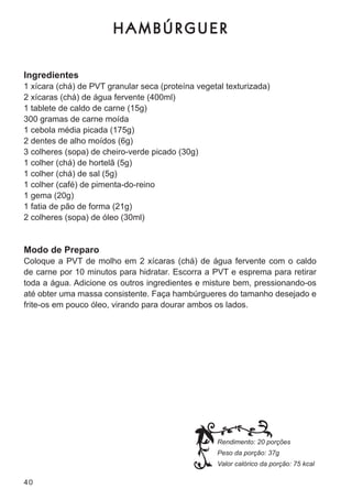 HAMBÚRGUER

Ingredientes
1 xícara (chá) de Pvt granular seca (proteína vegetal texturizada)
2 xícaras (chá) de água fervente (400ml)
1 tablete de caldo de carne (15g)
300 gramas de carne moída
1 cebola média picada (175g)
2 dentes de alho moídos (6g)
3 colheres (sopa) de cheiro-verde picado (30g)
1 colher (chá) de hortelã (5g)
1 colher (chá) de sal (5g)
1 colher (café) de pimenta-do-reino
1 gema (20g)
1 fatia de pão de forma (21g)
2 colheres (sopa) de óleo (30ml)


Modo de Preparo
coloque a Pvt de molho em 2 xícaras (chá) de água fervente com o caldo
de carne por 10 minutos para hidratar. escorra a Pvt e esprema para retirar
toda a água. adicione os outros ingredientes e misture bem, pressionando-os
até obter uma massa consistente. faça hambúrgueres do tamanho desejado e
frite-os em pouco óleo, virando para dourar ambos os lados.




                                                   Rendimento: 20 porções
                                                   Peso da porção: 37g
                                                   Valor calórico da porção: 75 kcal

40
 