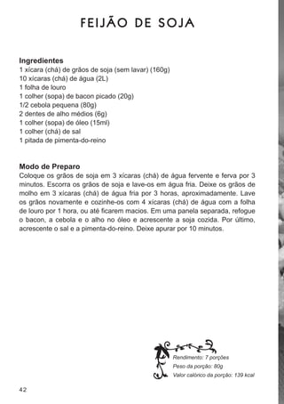 FEIJÃO DE SOJA

Ingredientes
1 xícara (chá) de grãos de soja (sem lavar) (160g)
10 xícaras (chá) de água (2l)
1 folha de louro
1 colher (sopa) de bacon picado (20g)
1/2 cebola pequena (80g)
2 dentes de alho médios (6g)
1 colher (sopa) de óleo (15ml)
1 colher (chá) de sal
1 pitada de pimenta-do-reino


Modo de Preparo
coloque os grãos de soja em 3 xícaras (chá) de água fervente e ferva por 3
minutos. escorra os grãos de soja e lave-os em água fria. deixe os grãos de
molho em 3 xícaras (chá) de água fria por 3 horas, aproximadamente. lave
os grãos novamente e cozinhe-os com 4 xícaras (chá) de água com a folha
de louro por 1 hora, ou até ficarem macios. Em uma panela separada, refogue
o bacon, a cebola e o alho no óleo e acrescente a soja cozida. Por último,
acrescente o sal e a pimenta-do-reino. deixe apurar por 10 minutos.




                                                     Rendimento: 7 porções
                                                     Peso da porção: 80g
                                                     Valor calórico da porção: 139 kcal

42
 