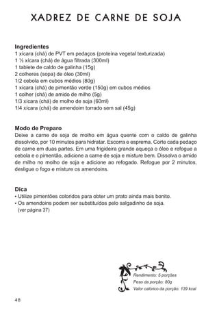 XADREZ DE C ARNE DE SOJA

Ingredientes
1 xícara (chá) de Pvt em pedaços (proteína vegetal texturizada)
1 ½ xícara (chá) de água filtrada (300ml)
1 tablete de caldo de galinha (15g)
2 colheres (sopa) de óleo (30ml)
1/2 cebola em cubos médios (80g)
1 xícara (chá) de pimentão verde (150g) em cubos médios
1 colher (chá) de amido de milho (5g)
1/3 xícara (chá) de molho de soja (60ml)
1/4 xícara (chá) de amendoim torrado sem sal (45g)


Modo de Preparo
deixe a carne de soja de molho em água quente com o caldo de galinha
dissolvido, por 10 minutos para hidratar. escorra e esprema. corte cada pedaço
de carne em duas partes. em uma frigideira grande aqueça o óleo e refogue a
cebola e o pimentão, adicione a carne de soja e misture bem. dissolva o amido
de milho no molho de soja e adicione ao refogado. refogue por 2 minutos,
desligue o fogo e misture os amendoins.


Dica
•	 utilize pimentões coloridos para obter um prato ainda mais bonito.
•	 os amendoins podem ser substituídos pelo salgadinho de soja.
 (ver página 37)




                                                    Rendimento: 5 porções
                                                    Peso da porção: 80g
                                                    Valor calórico da porção: 139 kcal

48
 