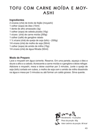 T O F U C O M C A R N E M O Í D A E M O Y-
                  ASHI
Ingredientes
2 xícaras (chá) de broto de feijão (moyashi)
1 colher (sopa) de óleo (15ml)
1 dente de alho amassado (3g)
1 colher (sopa) de cebola picada (10g)
1 xícara (chá) de carne moída (200g)
1 colher (café) de gengibre ralado
1 ½ xícara (chá) de queijo de soja (tofu) - (300g)
1/4 xícara (chá) de molho de soja (50ml)
1 colher (sopa) de amido de milho (15g)
1/4 xícara (chá) de água filtrada (50ml)


Modo de Preparo
lave o moyashi em água corrente. reserve. em uma panela, aqueça o óleo e
doure o alho e a cebola. acrescente a carne moída e o gengibre e deixe refogar.
adicione o moyashi, mexa e deixe cozinhar por 3 minutos. junte o queijo de
soja (tofu) cortado em cubos, o molho de soja com o amido de milho dissolvido
na água e mexa por 3 minutos ou até formar um caldo grosso. sirva quente.




                                                     Rendimento: 12 porções
                                                     Peso da porção: 80g
                                                     Valor calórico da porção: 86 kcal

                                                                                   49
 