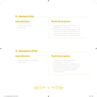 12
2 - Batata frita
3 - Mandioca frita
Ingredientes
• 300g de batata palito
(congelada)
Ingredientes
• 300g de mandioca pré-cozida
(congelada)
Modo de preparo
1. Preaqueça a Philips Walita Airfryer
a 180 graus por 3 minutos
2. Coloque as batatas congeladas na cesta
de sua Philips Walita Airfryer e frite por 15
minutos a 180 graus, mexendo de 5 em 5
minutos para dourarem uniformemente
Modo de preparo
1. Preaqueça a Philips Walita Airfryer
a 180 graus por 3 minutos
2. Coloque as mandiocas congeladas na
cesta de sua Philips Walita Airfryer e frite
por 15 minutos a 180 graus, mexendo
de 5 em 5 minutos para dourarem
uniformemente
AF. Livro Receitas Airfryer 26.5 x 26.5 cm.indd 11 5/5/15 16:09
 