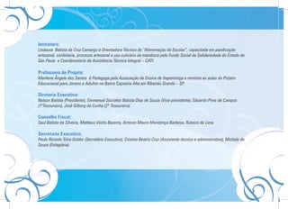 Instrutora:
Lindaura Batista da Cruz Camargo é Orientadora Técnica de “Alimentação do Escolar”, capacitada em panificação
artesanal, confeitaria, processo artesanal e uso culinário da mandioca pelo Fundo Social de Solidariedade do Estado de
São Paulo e Coordenadoria de Assistência Técnica Integral – CATI.

Professora do Projeto:
Marilene Ângela dos Santos é Pedagoga pela Associação de Ensino de Itapetininga e ministra as aulas do Projeto
Educacional para Jovens e Adultos no Bairro Capoeira Alta em Ribeirão Grande – SP.

Diretoria Executiva:
Nelson Batista (Presidente), Emmanuel Sócrates Batista Dias de Souza (Vice-presidente), Eduardo Pires de Campos
(1ºTesoureiro), José Gilberg da Cunha (2º Tesoureiro).

Conselho Fiscal:
Saul Batista da Silveira, Matheus Viotto Bezerra, Antonio Mauro Mendonça Barbosa, Rubens de Lima.

Secretaria Executiva:
Paulo Ricardo Silva Gobbo (Secretário Executivo), Cristina Beatriz Cruz (Assistente técnico e administrativo), Michele de
Souza (Estagiária).
 