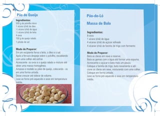 8

    Pão de Queijo                                         Pão-de-Ló
    Ingredientes:
    500 g de polvilho doce                                Massa de Bolo
    1 xícara (chá) de óleo
    ½ xícara (chá) de água
    ½ xícara (chá) de leite                               Ingredientes:
    4 ovos                                                8 ovos
    150 g de queijo ralado                                1 xícara (chá) de água
    1 pitada de sal                                       4 xícaras (chá) de açúcar reﬁnado
                                                          4 xícaras (chá) de farinha de trigo com fermento
    Modo de Preparar:
    Em um recipiente ferva o leite, o óleo e o sal.       Modo de Preparar:
    Após a fervura despeje sobre o polvilho, escaldando   Bata as claras em neve e reserve.
    com uma colher até esfriar.                           Bata as gemas com a água até formar uma espuma.
    Acrescente os ovos e o queijo ralado e misture até    Acrescente o açúcar e bata mais um pouco.
    obter uma massa homogênea.                            Coloque a farinha de trigo, bata novamente e adi-
    Amasse e modele os pães de queijo, colocando - os     cione as claras em neve, misturando com uma colher.
    em uma forma untada.                                  Coloque em forma untada.
    Deixe crescer até dobrar de volume.                   Leve ao forno pré-aquecido e asse em temperatura
    Leve ao forno pré-aquecido e asse em temperatura      média.
    média.
 