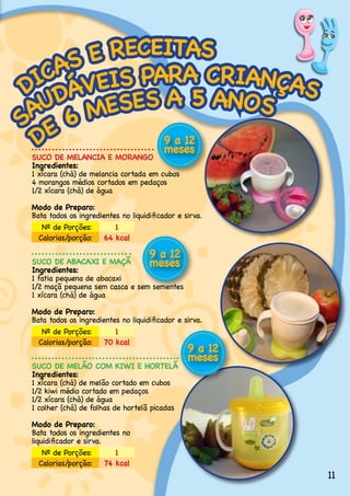 E RECEITAS
   AS
 IC ÁVEIS PARA CRIANÇAS
D D
  U MESES A 5 ANOS
A 6
 DE
S




            9 a 12
            meses
SUCO DE MELANCIA E MORANGO
Ingredientes:
1.xícara.(chá).de.melancia.cortada.em.cubos
4.morangos.médios.cortados.em.pedaços
1/2.xícara.(chá).de.água

Modo de Preparo:
Bata todos os ingredientes no liquidificador e sirva.
  .Nº.de.Porções:        1
  Calorias/porção: 64 kcal

                                    9 a 12
SUCO DE ABACAXI E MAÇÃ          meses
Ingredientes:
1.fatia.pequena.de.abacaxi
1/2.maçã.pequena.sem.casca.e.sem.sementes
1.xícara.(chá).de.água

Modo de Preparo:
Bata todos os ingredientes no liquidificador e sirva.
  .Nº.de.Porções:        1
  Calorias/porção: 70 kcal
                                                9 a 12
 .
 .                                              meses
SUCO DE MELÃO COM KIWI E HORTELÃ
Ingredientes:
1.xícara.(chá).de.melão.cortado.em.cubos
1/2.kiwi.médio.cortado.em.pedaços
1/2.xícara.(chá).de.água
1.colher.(chá).de.folhas.de.hortelã.picadas

Modo de Preparo:
Bata.todos.os.ingredientes.no.
liquidificador e sirva.
   .Nº.de.Porções:       1
   Calorias/porção: 74 kcal
                                                         11
 