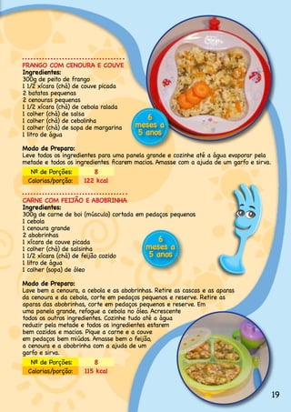 FRANGO COM CENOURA E COUVE
Ingredientes:
300g.de.peito.de.frango
1.1/2.xícara.(chá).de.couve.picada
2.batatas.pequenas.
2.cenouras.pequenas
1.1/2.xícara.(chá).de.cebola.ralada
1.colher.(chá).de.salsa
1.colher.(chá).de.cebolinha              6
1.colher.(chá).de.sopa.de.margarina    meses a
1.litro.de.água                        5 anos
Modo de Preparo:
Leve todos os ingredientes para uma panela grande e cozinhe até a água evaporar pela
metade e todos os ingredientes ficarem macios. Amasse com a ajuda de um garfo e sirva.
  .Nº.de.Porções:        8
  Calorias/porção:    122 kcal


CARNE COM FEIJÃO E ABOBRINHA
Ingredientes:
300g de carne de boi (músculo) cortada em pedaços pequenos
1.cebola.
1.cenoura.grande
2.abobrinhas
1.xícara.de.couve.picada                      6
1.colher.(chá).de.salsinha                meses a
1 1/2 xícara (chá) de feijão cozido        5 anos
1.litro.de.água.
1 colher (sopa) de óleo

Modo de Preparo:
Lave.bem.a.cenoura,.a.cebola.e.as.abobrinhas..Retire.as.cascas.e.as.aparas.
da.cenoura.e.da.cebola,.corte.em.pedaços.pequenos.e.reserve..Retire.as.
aparas.das.abobrinhas,.corte.em.pedaços.pequenos.e.reserve..Em.
uma panela grande, refogue a cebola no óleo. Acrescente
todos os outros ingredientes. Cozinhe tudo até a água
reduzir pela metade e todos os ingredientes estarem
bem cozidos e macios. Pique a carne e a couve
em pedaços bem miúdos. Amasse bem o feijão,
a.cenoura.e.a.abobrinha.com.a.ajuda.de.um.
garfo.e.sirva.
  .Nº.de.Porções:         8
  Calorias/porção:    115 kcal


                                                                                         19
 
