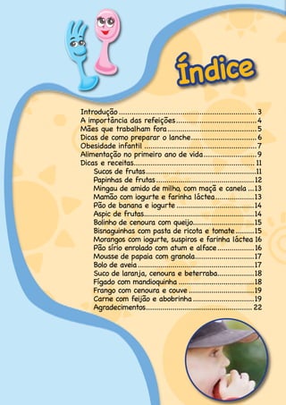 Índice
Introdução. .................................................................3
A.importância.das.refeições......................................4
                                        .
Mães.que.trabalham.fora.            ..........................................5
Dicas.de.como.preparar.o.lanche...............................6
                                               .
Obesidade.infantil......................................................7
Alimentação.no.primeiro.ano.de.vida.........................9
                                                     .
Dicas.e.receitas......................................................... 11
                   .
    Sucos.de.frutas......................................................11
                         .
    Papinhas.de.frutas.       ................................................12
    Mingau.de.amido.de.milho,.com.maçã.e.canela....13
    Mamão.com.iogurte.e.farinha.láctea...................13.
    Pão.de.banana.e.iogurte.......................................14
    Aspic.de.frutas......................................................14
                        .
    Bolinho.de.cenoura.com.queijo..............................15
                                                .
    Bisnaguinhas.com.pasta.de.ricota.e.tomate.                       .........15
    Morangos.com.iogurte,.suspiros.e.farinha.láctea.16
    Pão.sírio.enrolado.com.atum.e.alface.                   ..................16
    Mousse.de.papaia.com.granola.............................17
                                                 .
    Bolo.de.aveia.   .........................................................17
    Suco.de.laranja,.cenoura.e.beterraba..................18.
    Fígado.com.mandioquinha......................................18
    Frango.com.cenoura.e.couve.................................19
    Carne.com.feijão.e.abobrinha.               ..............................19
    Agradecimentos.................................................... 22
                         .
 