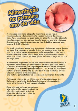 Alimentação
  no  primeiro
   ano de vida
A.orientação.nutricional.adequada,.no.primeiro.ano.de.vida,.é.
fundamental.para.o.bom.crescimento.e.desenvolvimento.da.criança..
Nessa.fase,.a.qualidade.e.a.quantidade.dos.alimentos.ingeridos.são.muito.
importantes, por ser esse período caracterizado por uma alta velocidade
de.crescimento..Nos.primeiros.meses.de.vida.do.bebê,.o.ganho.de.peso.
corporal.é.de.15.a.30g/dia.

Em.geral,.no.primeiro.ano.de.vida.as.crianças.triplicam.seu.peso.e.dobram.
sua superfície corpórea, o que não é visto em nenhuma outra fase da
vida..Os.primeiros.meses.representam,.então,.um.período.crítico.para.o.
desenvolvimento.e.o.crescimento.do.lactente,.e.problemas.nutricionais.
nessa fase podem resultar em danos para a saúde da criança em curto e
em longo prazo.

A.alimentação.no.primeiro.ano.de.vida.tem.sido.muito.estudada.devido.à.
importante repercussão que representa na saúde da população infantil,
já estando estabelecido pela Organização Mundial de Saúde (OMS) que
a.melhor.opção.alimentar.para.lactentes.de.0.a.6.meses.é.o.Aleitamento.
Materno.exclusivo..Entretanto,.a.partir.dos.6.meses.de.idade.é.preciso.
adicionar.alimentos.complementares.ao..
leite materno para satisfazer as necessidades nutricionais do lactente.

Assim,.para.crianças.de.6.a.12.meses,.a.prática.recomendada.é.a.
dieta.mista:.manutenção.do.aleitamento.materno.e.introdução.de.
novos.alimentos,.como.frutas.e.papas.salgadas.

Já.se.sabe.que.lactentes.que.recebem.
leite.materno.têm.menor.incidência.de.
infecções respiratórias e do trato
digestório, além de menor risco de
desenvolver.obesidade.




                                                                             9
 