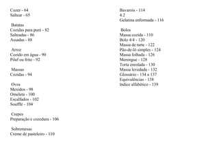 Cozer - 64                    Bavarois - 114
Saltear - 65                  4.2
                              Gelatina enformada - 116
Batatas
Cozidas para puré - 82         Bolos
Salteadas - 86                Massa cozida - 110
Assadas - 88                  Bolo 4/4 - 120
                              Massa de tarte - 122
Arroz                         Pão-de-ló simples - 124
Cozido em água - 90           Massa folhada - 126
Pilaf ou frito - 92           Merengue - 128
                              Torta enrolada - 130
Massas                        Massa levedada - 132
Cozidas - 94                  Glossário - 134 a 137
                              Equivalências - 138
Ovos                          ïndice alfabético - 139
Mexidos - 98
Omeleta - 100
Escalfados - 102
Soufflé - 104

Crepes
Preparação e cozedura - 106

Sobremesas
Creme de pasteleiro - 110
 